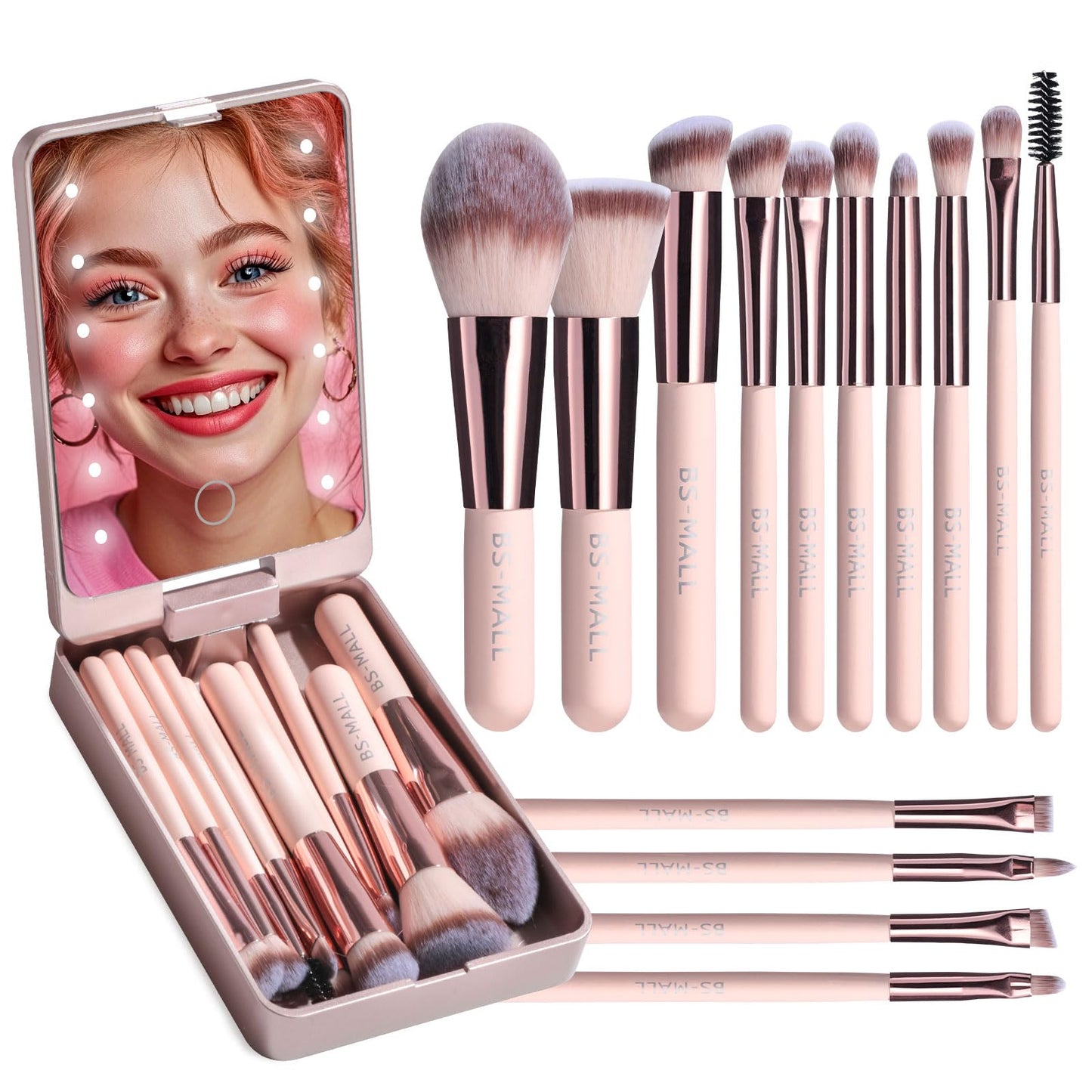 BS-MALL Travel Makeup Brush Set Foundation Powder Concealers Eye Shadows Makeup Set with LED light Mirror 14 Pcs