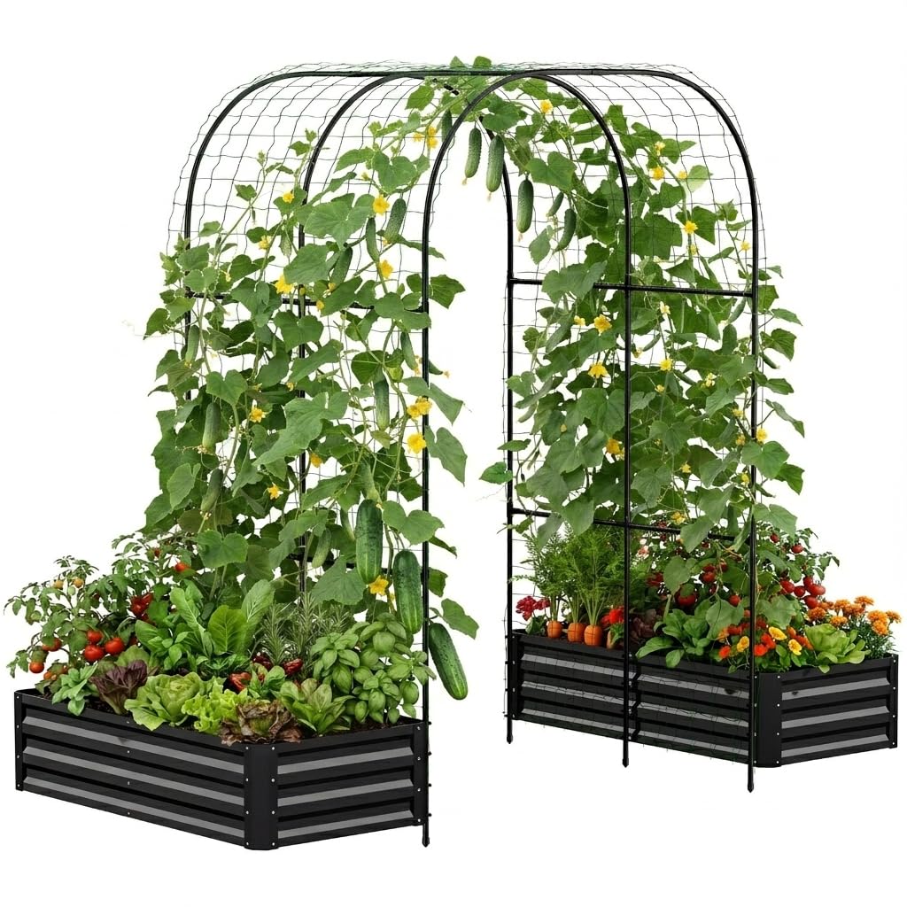 DoCred Raised Garden Bed with 87in Tall Arch Trellis for Climbing Plants, Galvanized Planter Garden Box Outdoor for Gardening, Climbing Vegetables, Flower