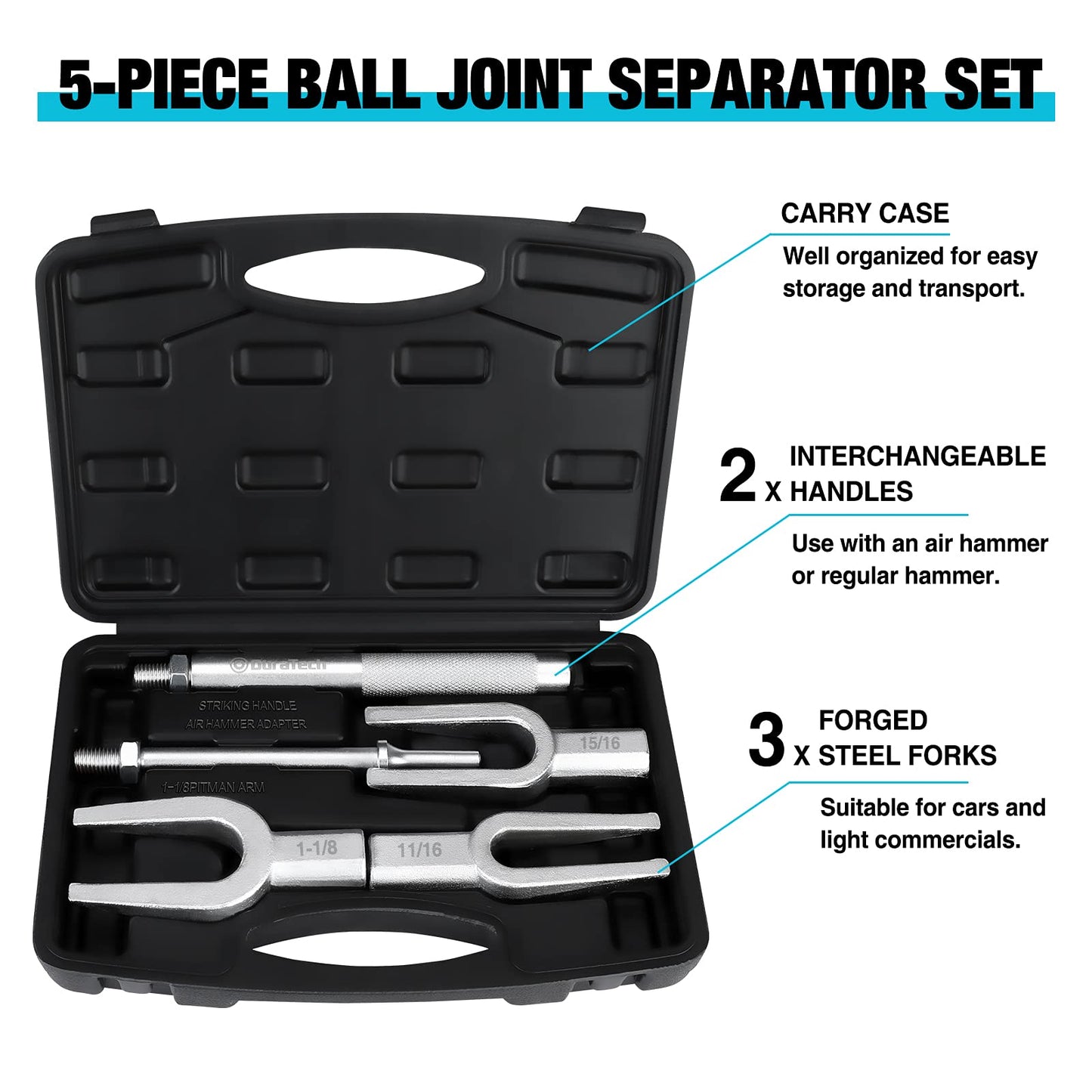 DURATECH 5-Piece Ball Joint Separator Set, Pickle Fork Tool Set, Tie Rod Removal Tool Set, 1-1/8", 15/16", 11/16", for Cars and Light Vans, with Suitcase