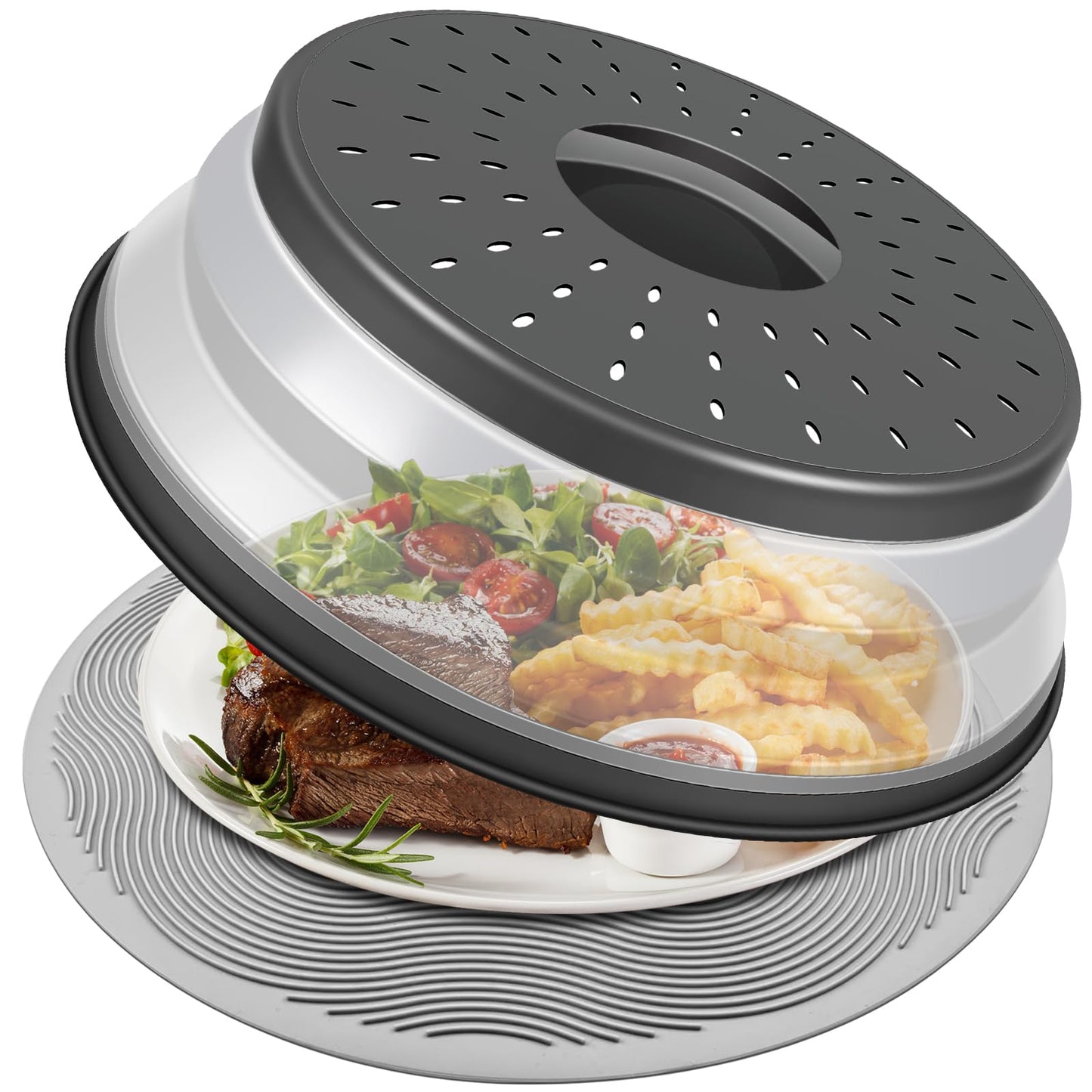 Easy Grip, Microwave Cover for food, LekDrok Microwave Splatter Guard, Collapsible Lid for Plate Dish Bowl, Multi-Purpose Colander Kitchen Gadget for Meal Prep, Dishwasher-Safe, BPA-Free, Charcoal