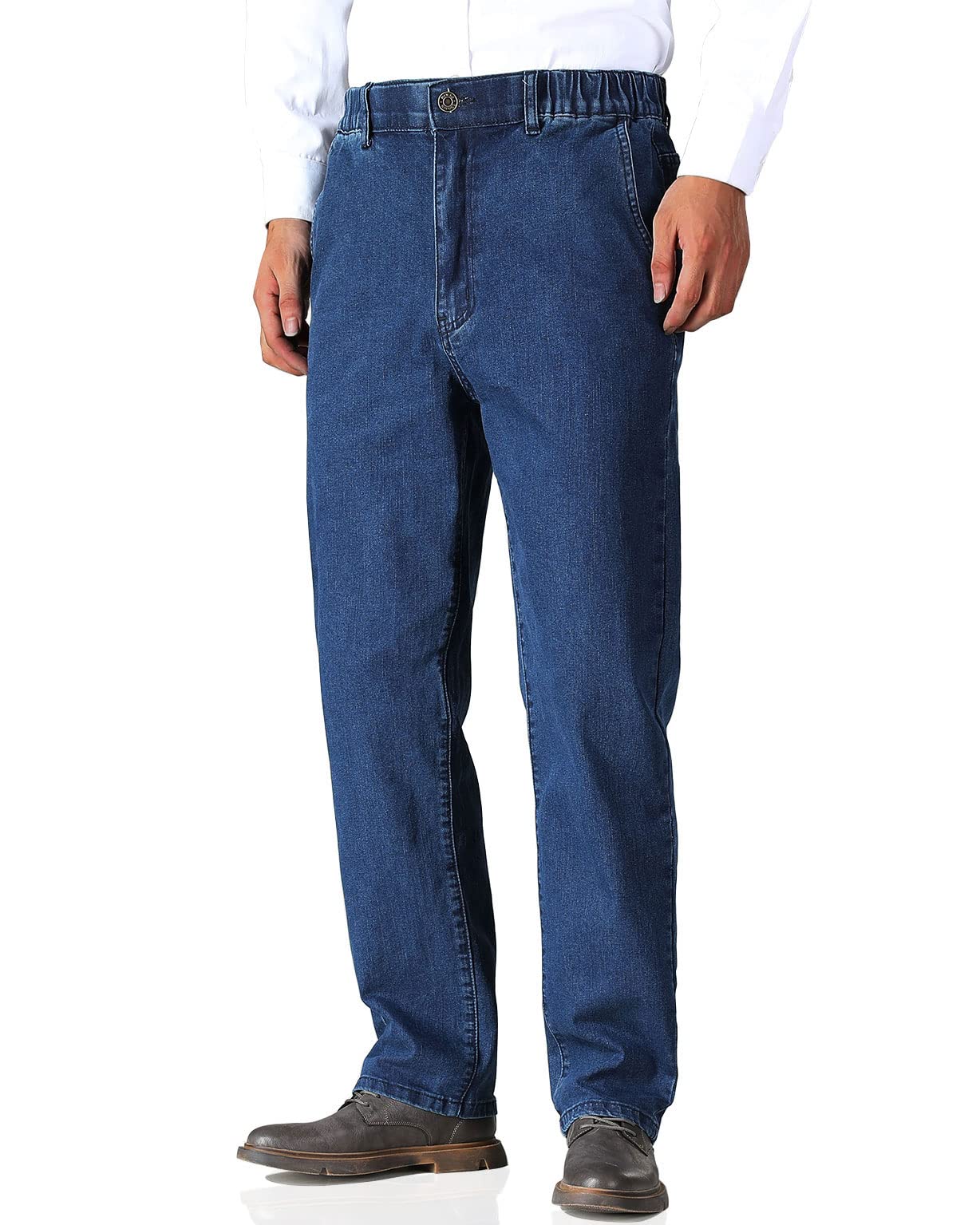 Soojun Mens Elastic Waist Jeans Relaxed Fit with Zipper and Button
