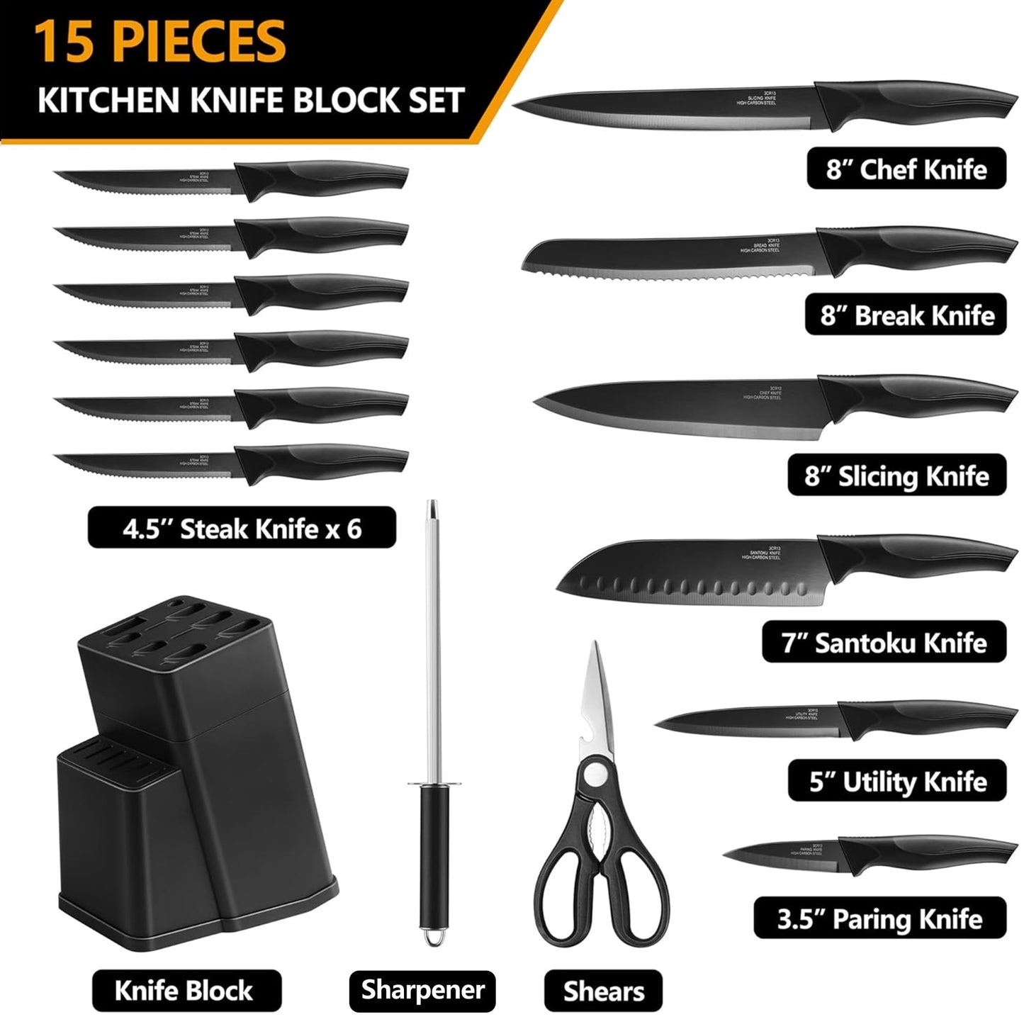 E-far 15-Piece Black/Khaki/White/Pink/Walnut Kitchen Knife Block Set