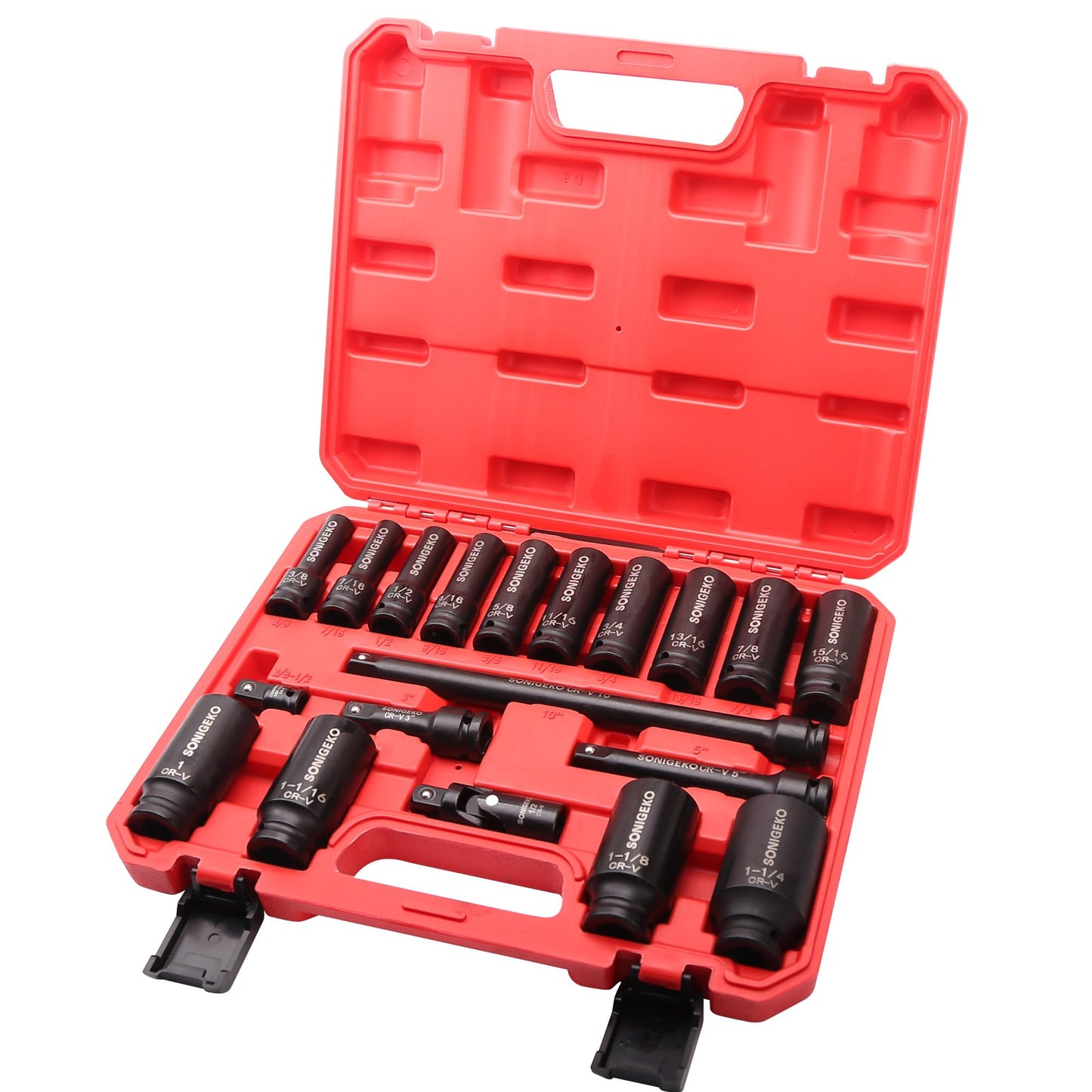 SONIGEKO Socket Set 1/2" Drive Impact Socket Set,29-Piece 6 Point Deep Socket Set Standard SAE and Metric