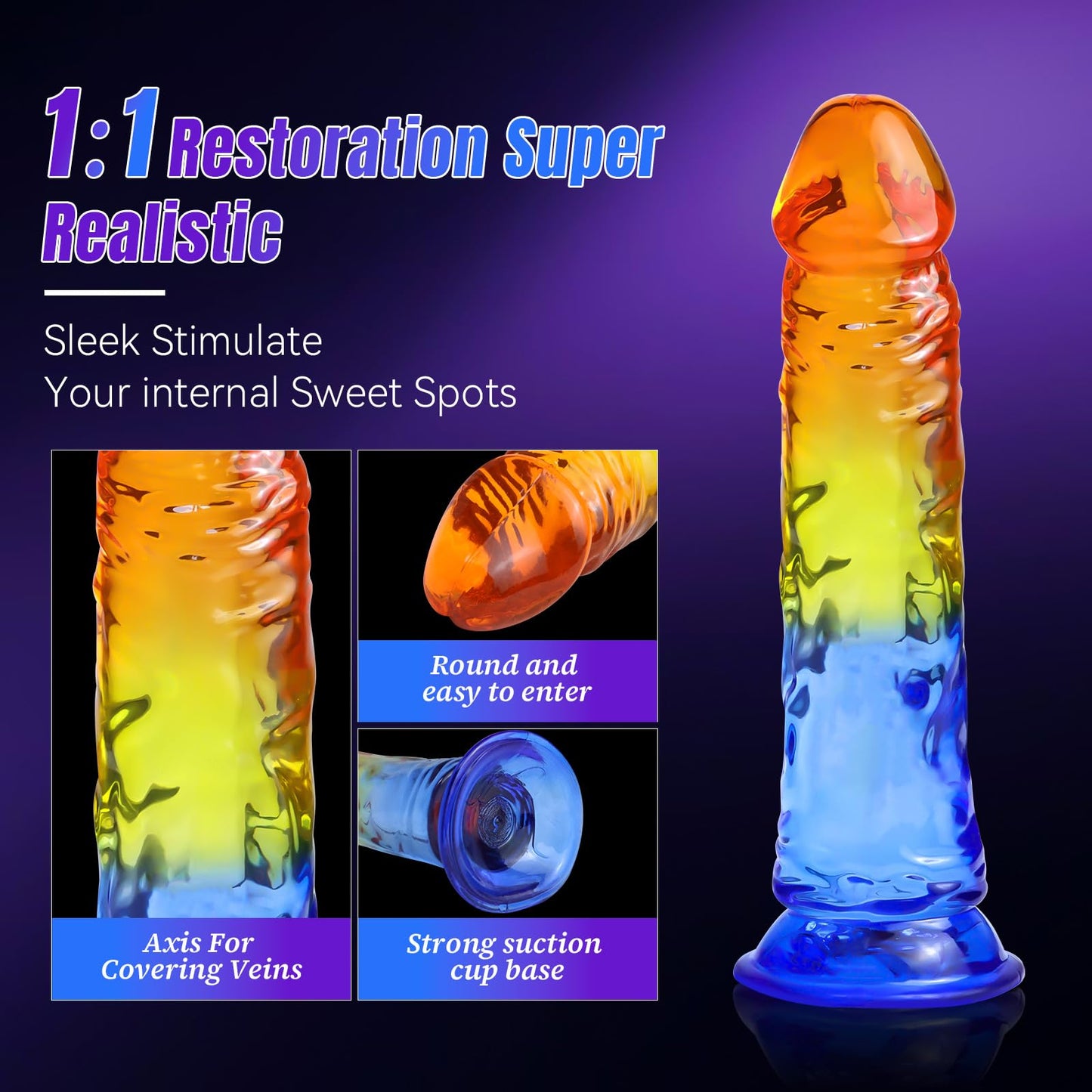 9 Inch Colorful Silicone Dildo, Blue-Yellow Clear Soft Flexible Dildo with Strong Suction Cup for Hands Free Play, Adult G-Spot Sex Toys for Vaginal and Anal Stimulation