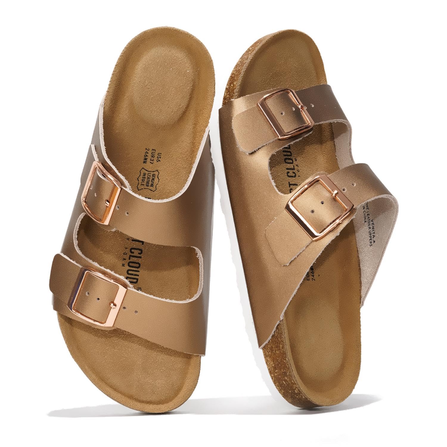 Project Cloud 100% Genuine Leather Flat Sandals For Women 2026 Cork Footbed Womens Sandals with Memory Foam and arch support Vacation Essentials Slides for Women Footwear (Venita)
