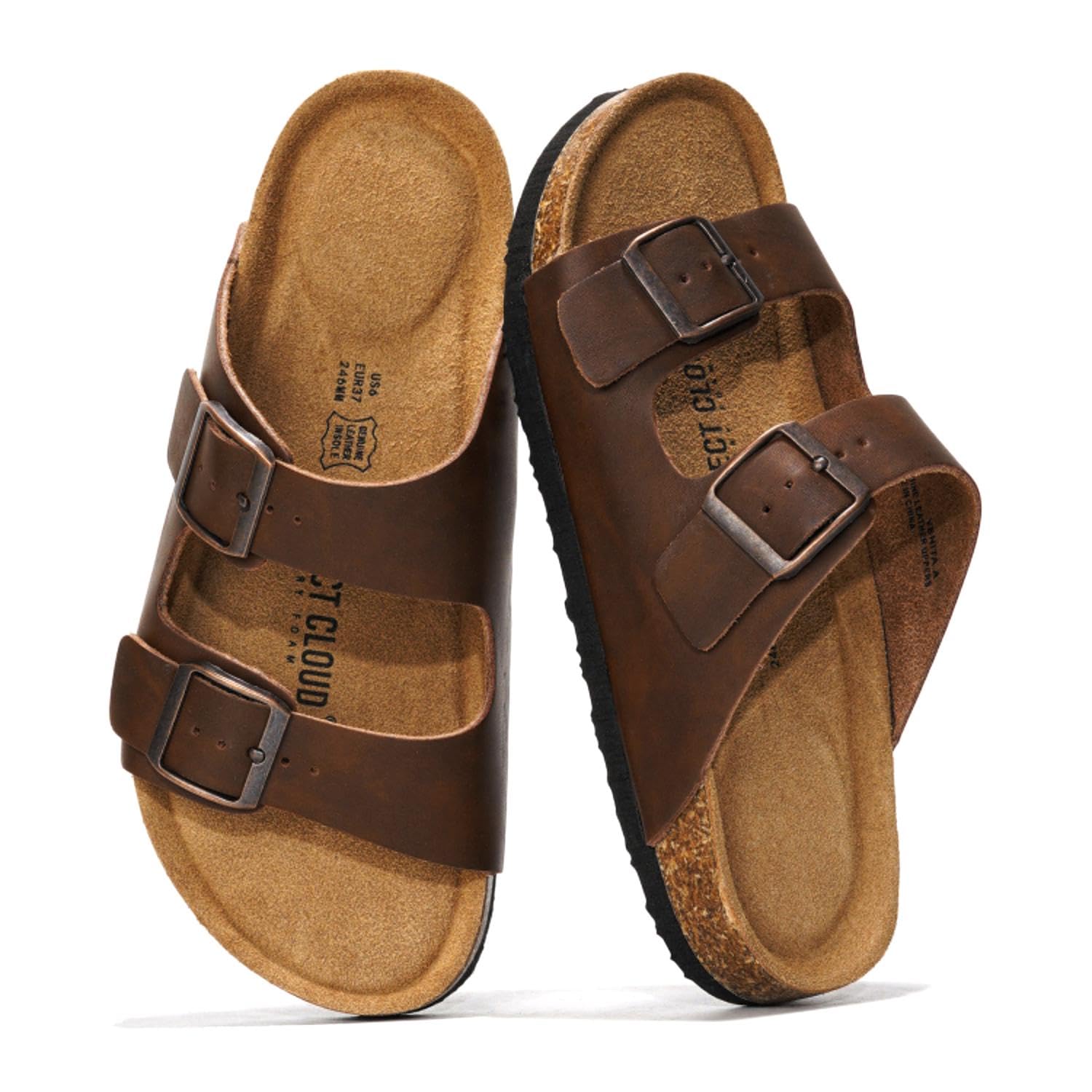 Project Cloud 100% Genuine Leather Flat Sandals For Women 2026 Cork Footbed Womens Sandals with Memory Foam and arch support Vacation Essentials Slides for Women Footwear (Venita)