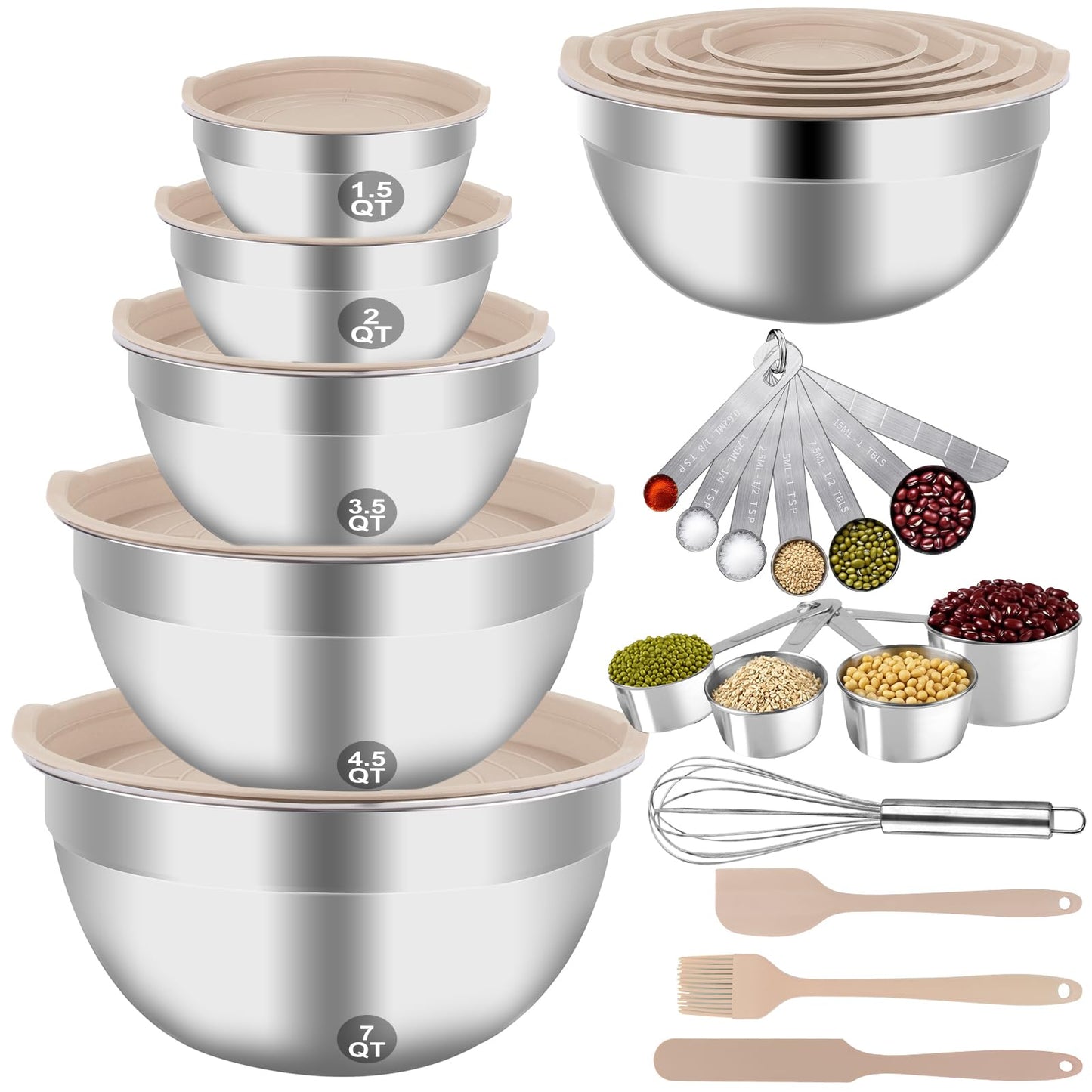 WEPSEN Electric Hand Mixer & Mixing Bowls with Airtight Lids, Handheld Mixers with Whisks Beater, Stainless Steel Metal Nesting Bowl Measuring Cups Spoons Kitchen Cake Blender for Prep Baking Supplies
