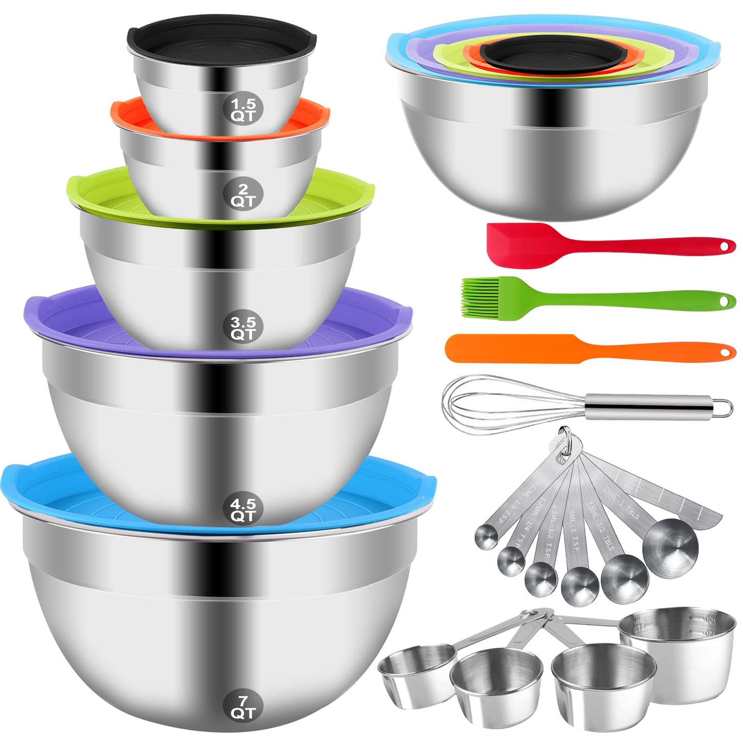 WEPSEN Electric Hand Mixer & Mixing Bowls with Airtight Lids, Handheld Mixers with Whisks Beater, Stainless Steel Metal Nesting Bowl Measuring Cups Spoons Kitchen Cake Blender for Prep Baking Supplies