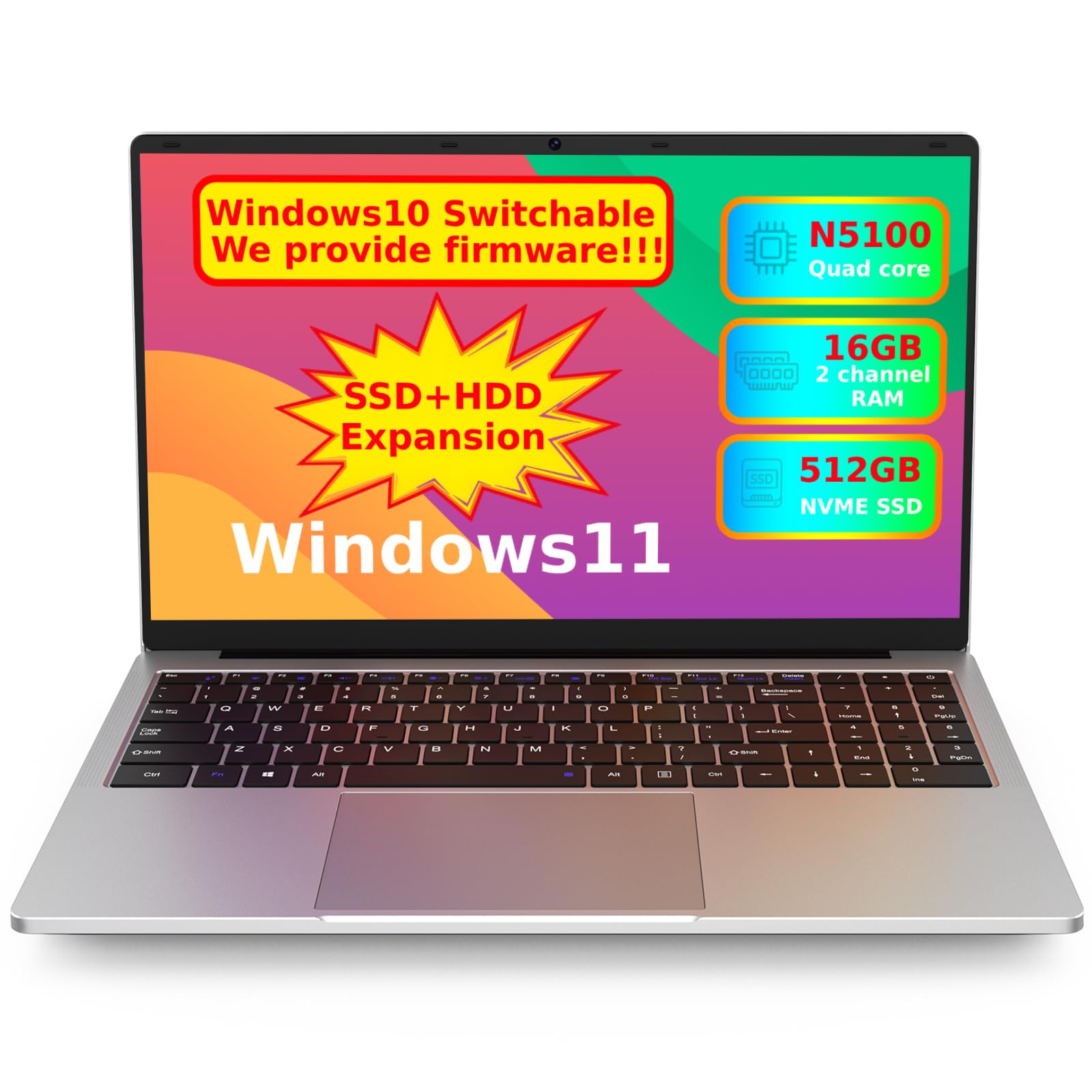 OTVOC Laptop Windows 11, 16GB RAM, NvMe SSD, 4TB Expansion, FHD IPS, 2.0MP, 2.4G+5G WiFi, Bluetooth 5.0, Type-C, HDMI