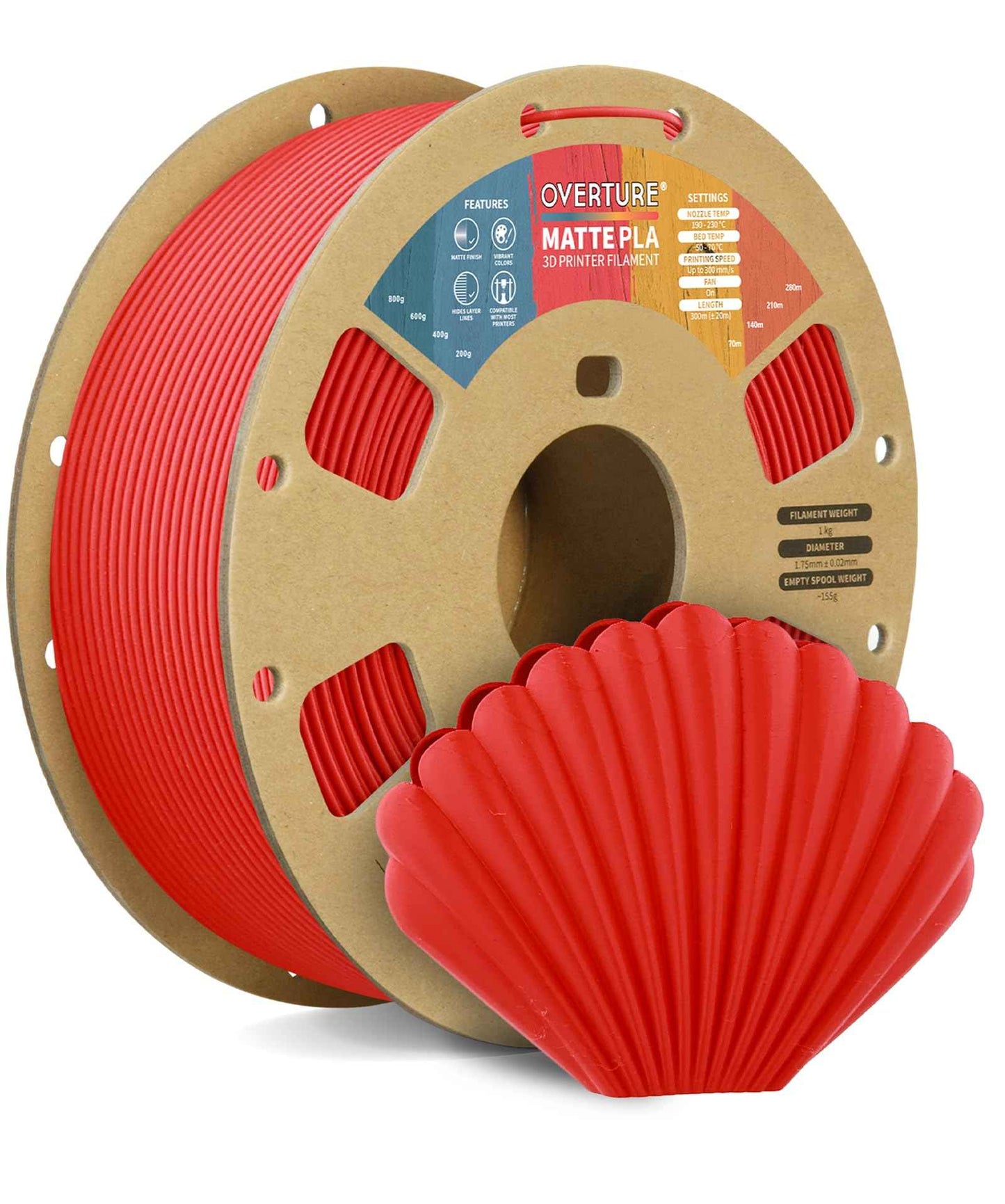 OVERTURE Matte PLA 3D Printer Filament 1.75mm, Matt Surface & Low Warping Filament 1kg Spool (2.2 lbs), Accuracy +/- 0.02 mm, Fit Most FDM Printers