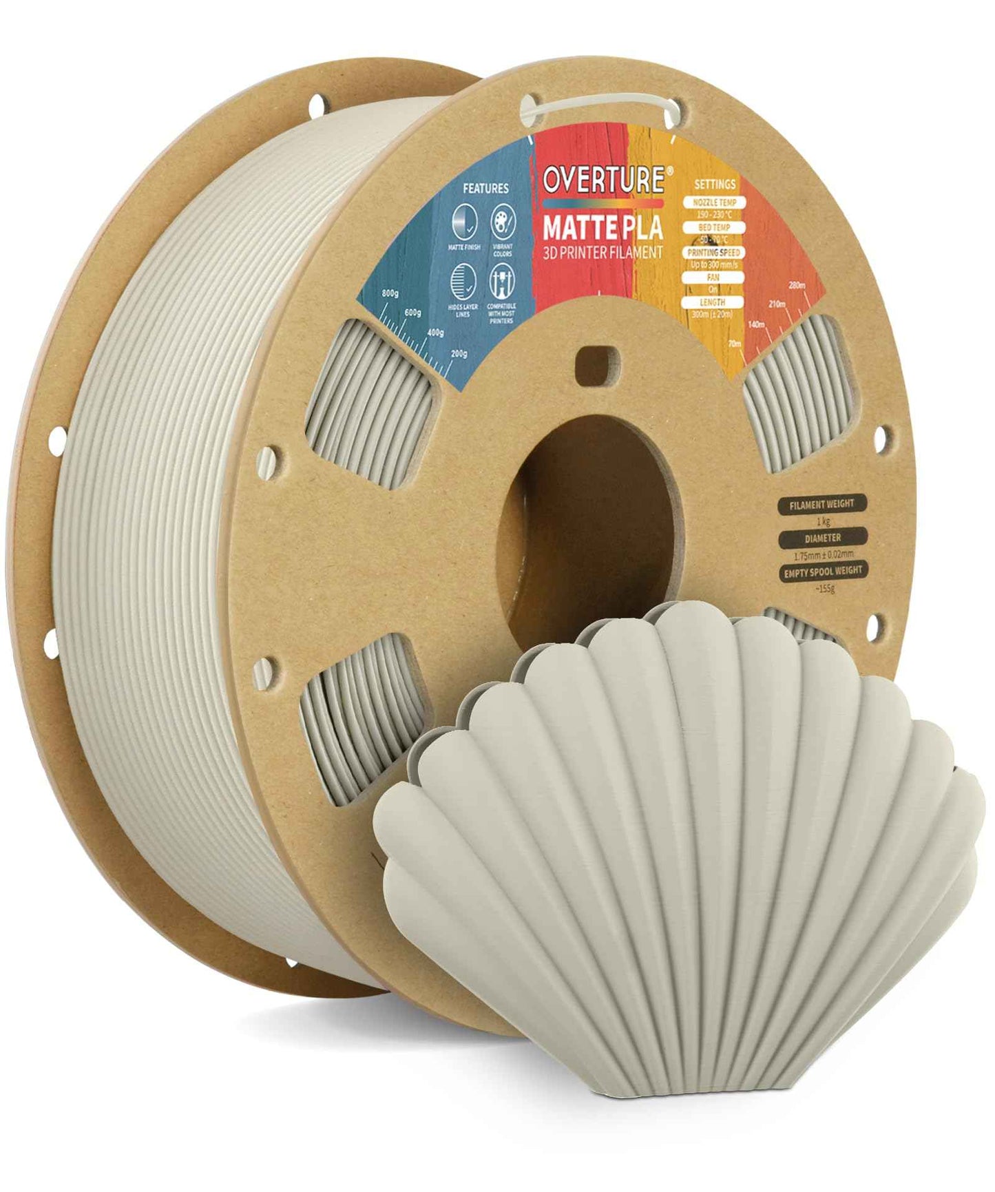 OVERTURE Matte PLA 3D Printer Filament 1.75mm, Matt Surface & Low Warping Filament 1kg Spool (2.2 lbs), Accuracy +/- 0.02 mm, Fit Most FDM Printers