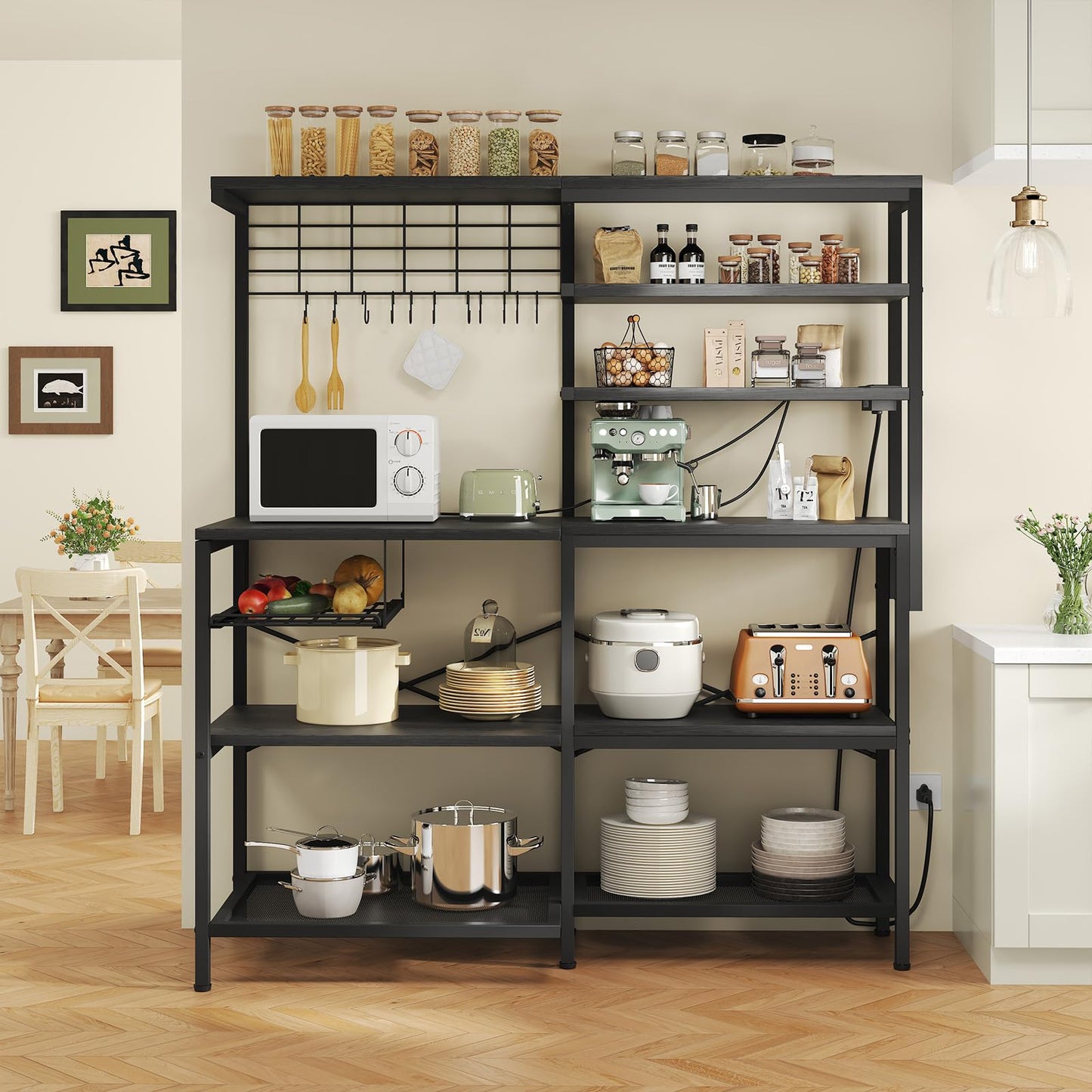 iabifo L-Shaped Bakers Rack with Power Outlet, 6-Tier Microwave Stand with Open Storage, Kitchen Shelf with Hooks,Coffee Bar for Living Room
