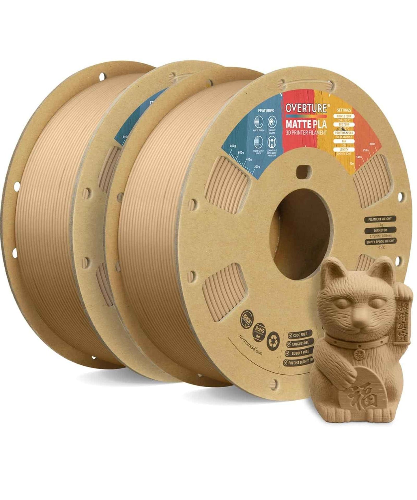 OVERTURE Matte PLA 3D Printer Filament 1.75mm, Matt Surface & Low Warping Filament 1kg Spool (2.2 lbs), Accuracy +/- 0.02 mm, Fit Most FDM Printers