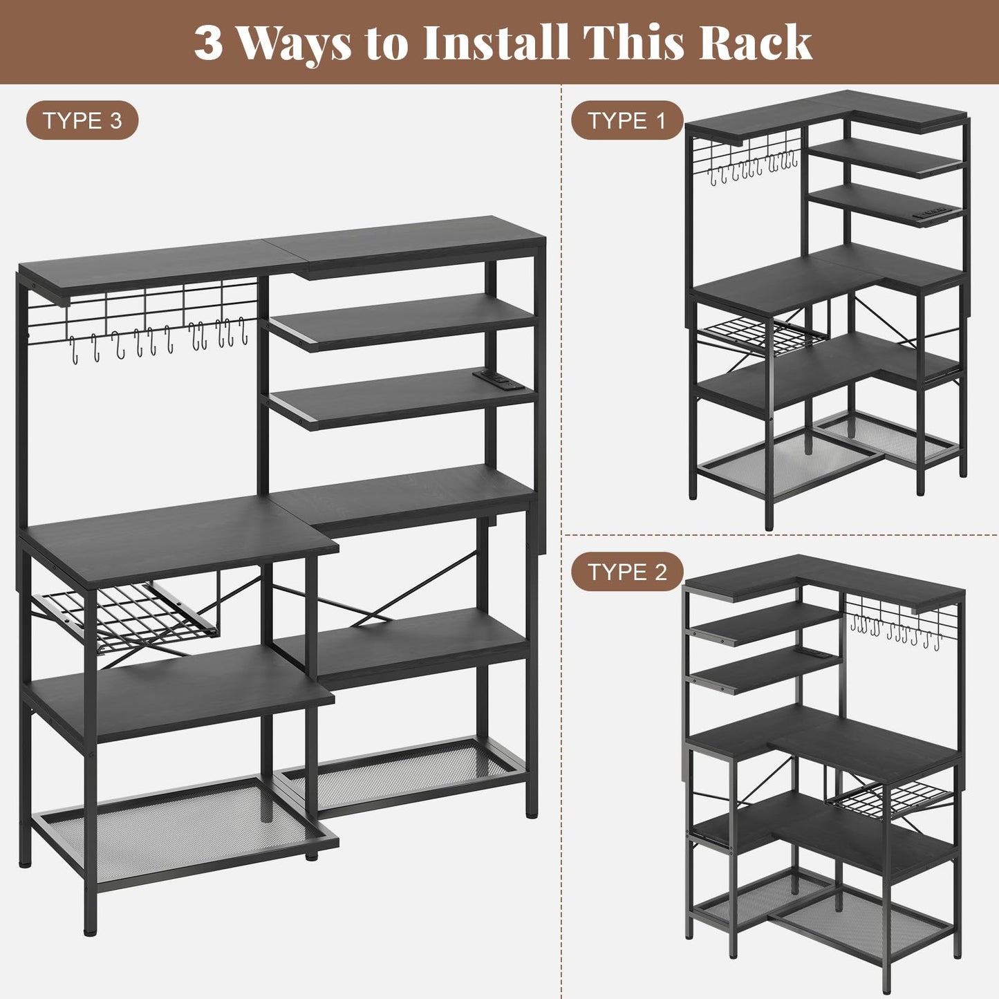iabifo L-Shaped Bakers Rack with Power Outlet, 6-Tier Microwave Stand with Open Storage, Kitchen Shelf with Hooks,Coffee Bar for Living Room