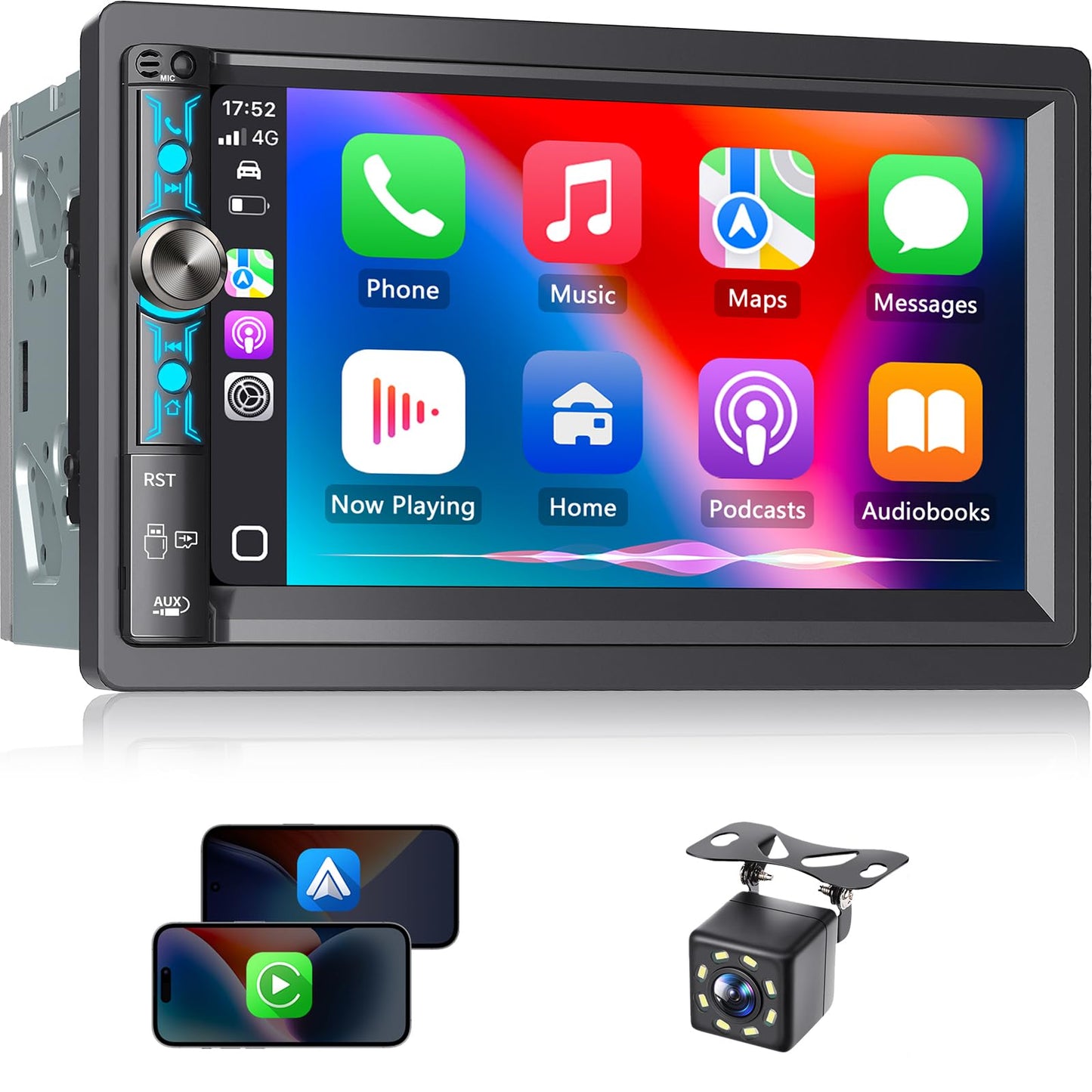 Kissound 7" Double Din Car Stereo with Wireless Apple Carplay & Android Auto, 240W, SWC, Subwoofer Out, Bluetooth, Mirror Link, USB-C/AUX/TF,FM/AM，Car Radio Receiver