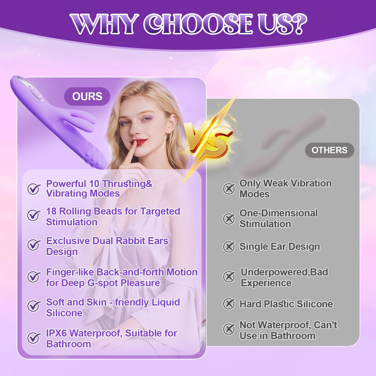 Vibrator Sex Toys Thrusting Dildo - Rolling G Spot Stimulator with Tri-Row 360°Rotating Beads + 10 Thrust + 10 Vibration for Dual Rabbit Ears, Ultra-Soft Liquid Silicone Adult Toy for Women Men Couple