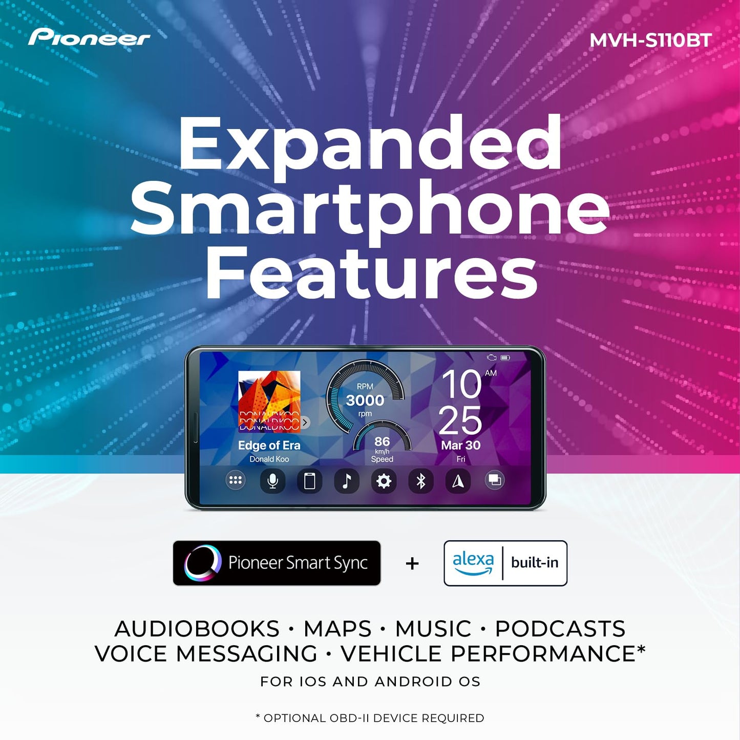 Pioneer MVH-S110BT 1-Din Digital Media Receiver Car Stereo – Bluetooth, USB Input, 50W x 4 Output, AM/FM Radio, iPhone & Android Compatible, Front & SW (Mono) RCA Output
