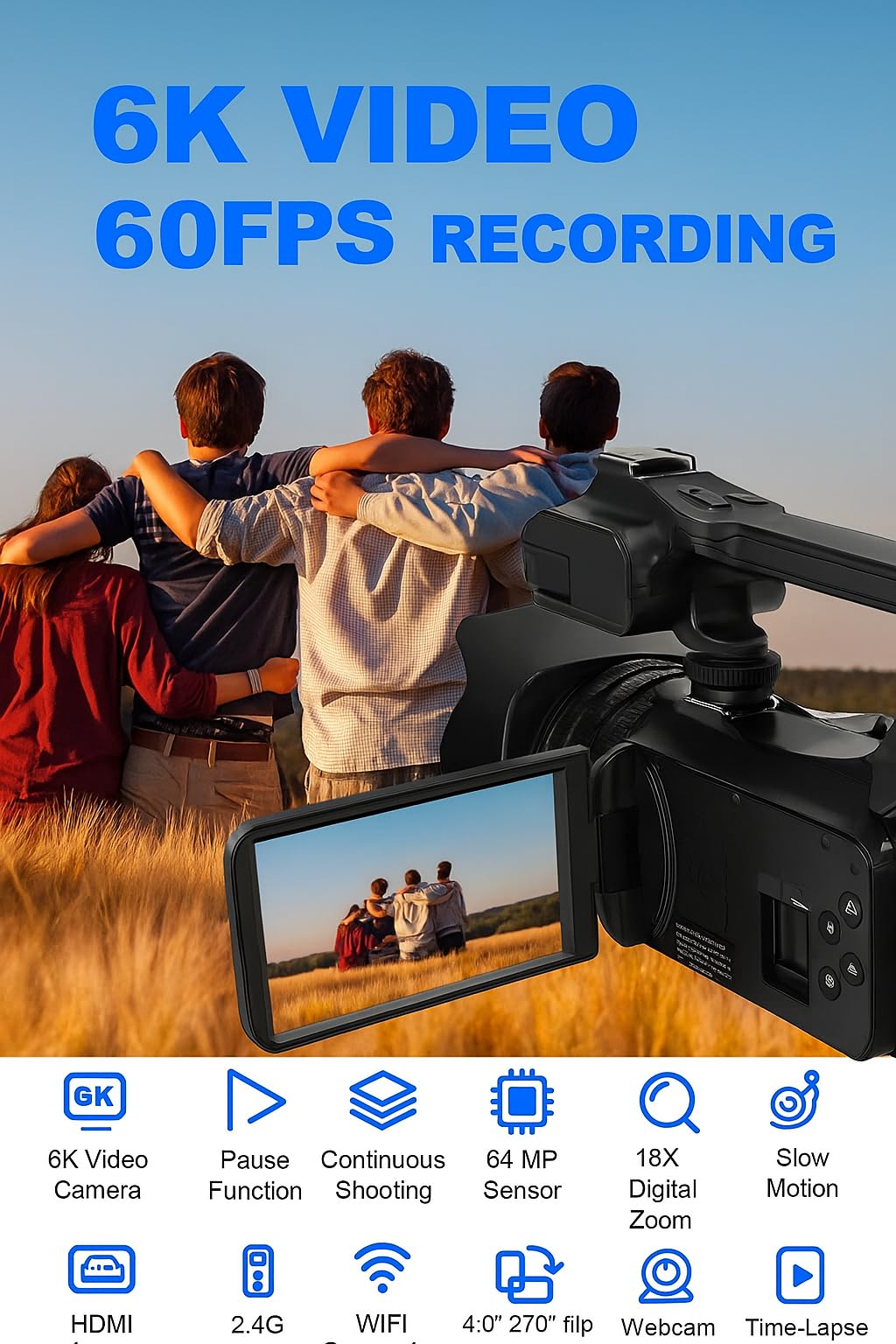 Acuvar 4K 64MP Video Camera Camcorder Auto Focus Vlogging Camera for YouTube 60FPS 18X Zoom Digital Video Camera with WiFi, Webcam, Mic, Stabilizer, 64GB SD Card, Card Reader, Remote Control