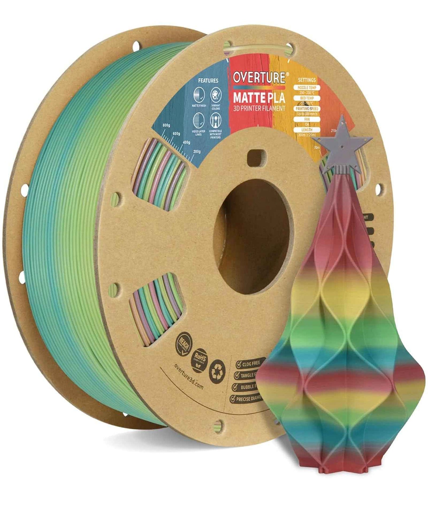 OVERTURE Matte PLA 3D Printer Filament 1.75mm, Matt Surface & Low Warping Filament 1kg Spool (2.2 lbs), Accuracy +/- 0.02 mm, Fit Most FDM Printers