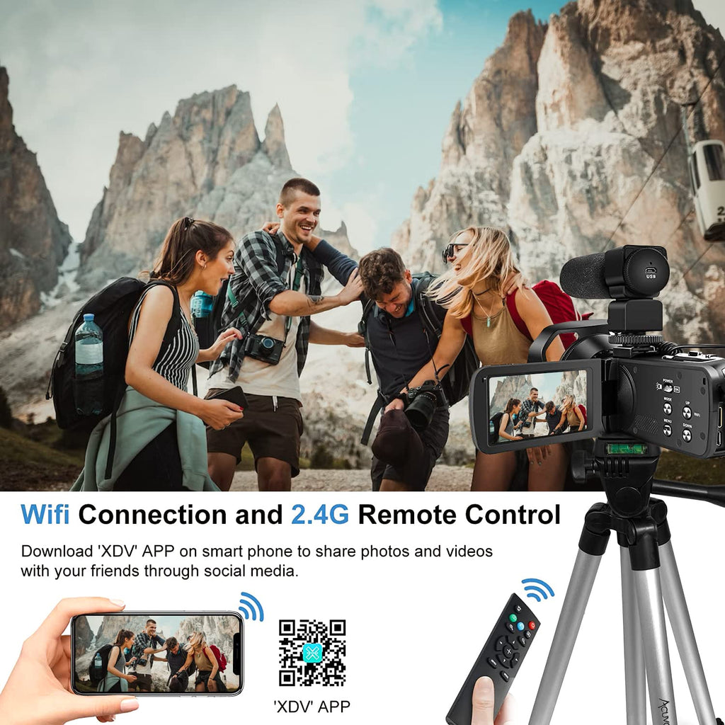Acuvar 4K Video Camera Camcorder 48MP Auto Focus Vlogging Camera for YouTube 60FPS 18X Zoom Digital Camera WiFi, Mic, Stabilizer, 2 64GB SD Cards, 50" Tripod, Case, Charger, Card Reader