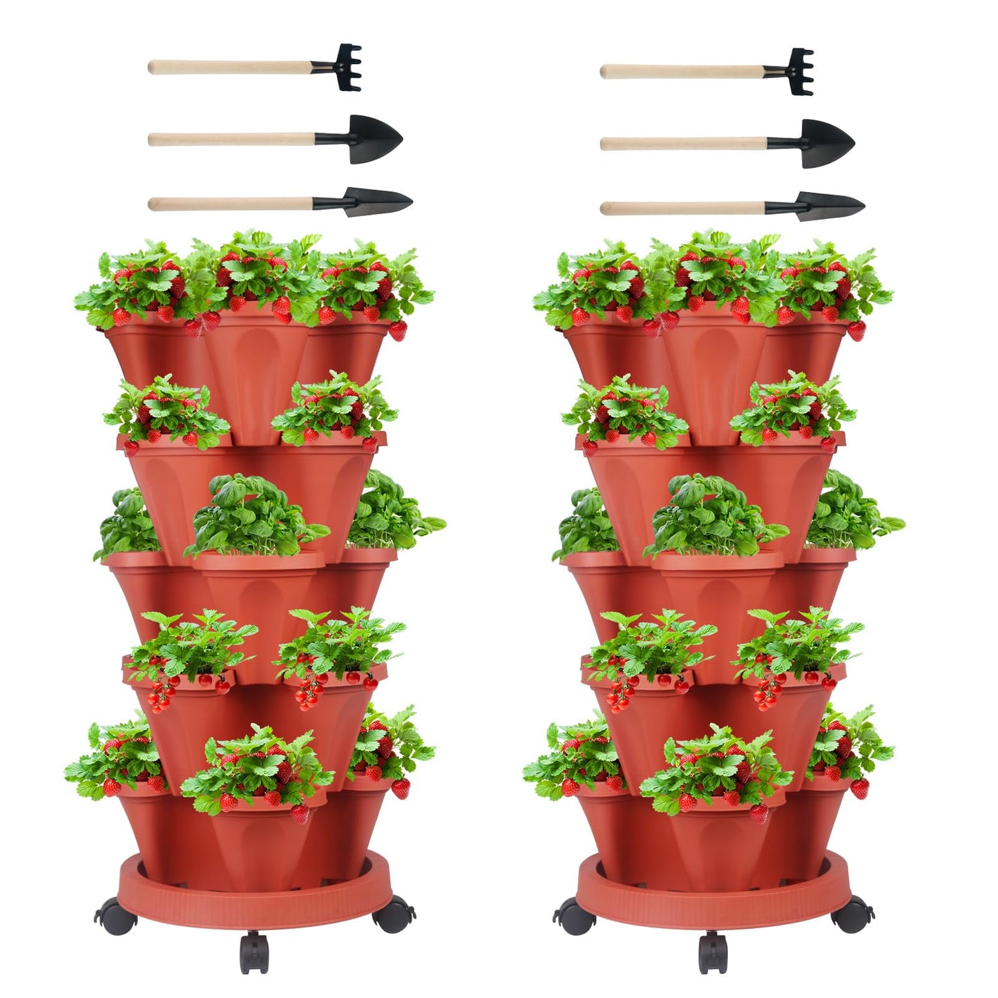 GameXcel Vertical Planter Tower - Multi-Tier Stackable Garden Planters with Wheels and Tools Plant Pots for Strawberry Herb Flower and Vegetable Indoor Outdoor Use Multicolor
