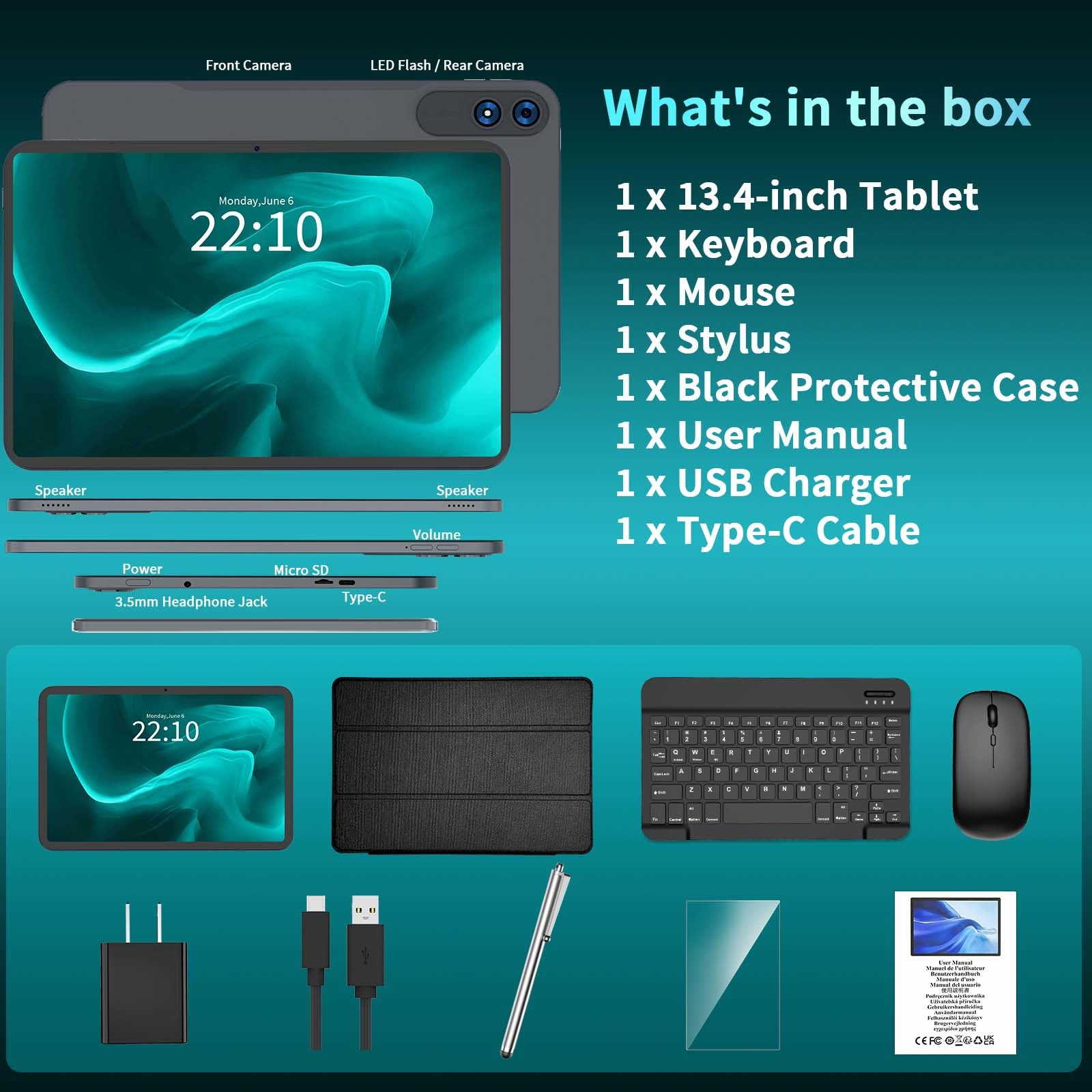 JJGJ 13 Inch Tablet, Android 16 Tablet with Keyboard, 32GB+256GB+2TB Expand, 120Hz 1920x1200 IPS Display, Gemini AI, 10000mAh, 8-Core, Wi-Fi, GPS, Large Screen 2K Tablet PC with Case, Mouse, Stylus