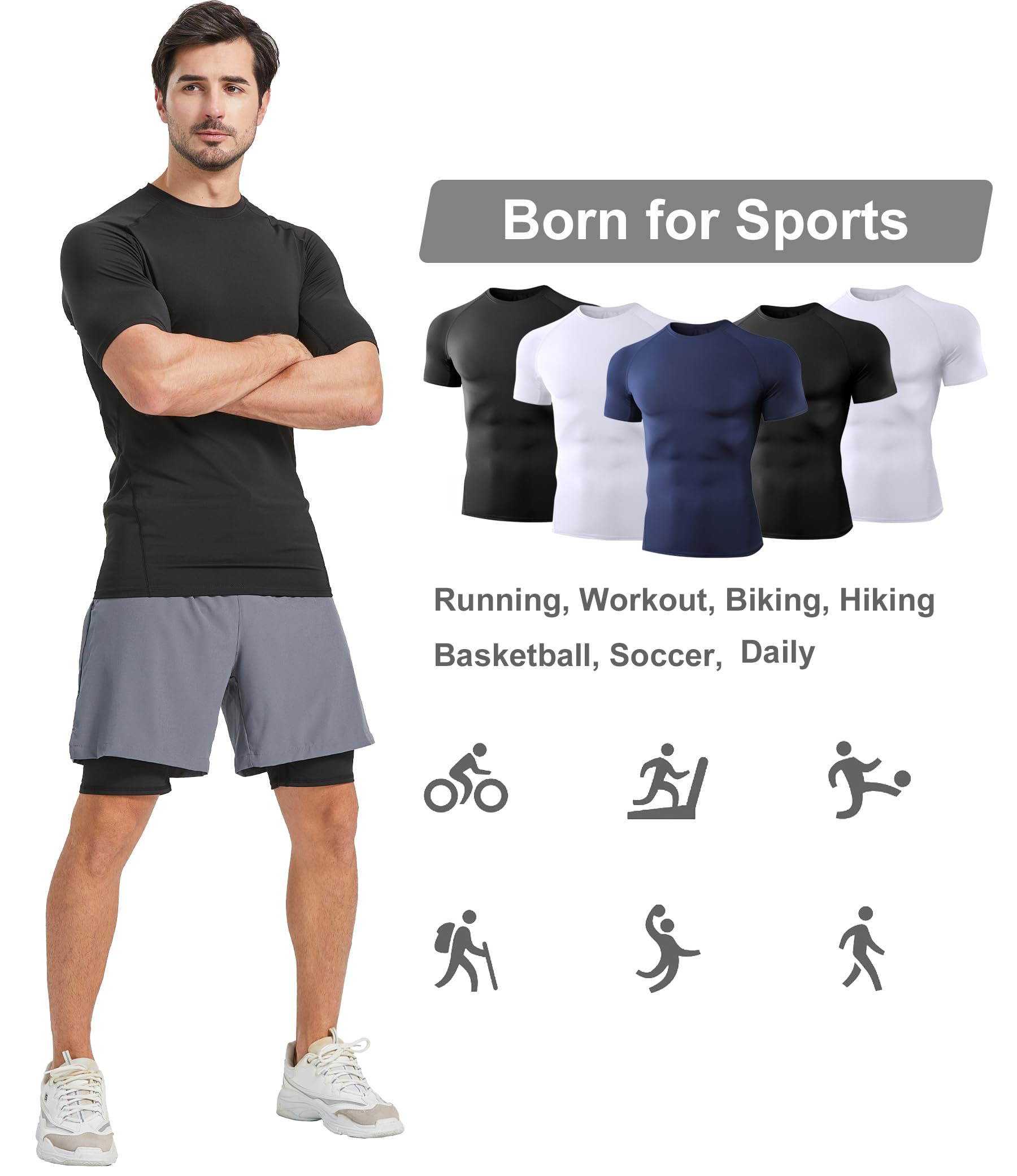 Dalavch 5 Pack Men’s Compression Shirts Short Sleeve Cool Dry Sports Athletic Workout Base Layer Undershirt T-Shirt Tops