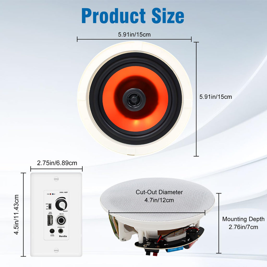 Herdio 4 Inch Bluetooth Ceiling Speakers 240W 2-Way Flush Mount in Wall Amplifier Receiver Suitable for Home Theater Bathroom Living Room Kitchen Office (1 Pair)