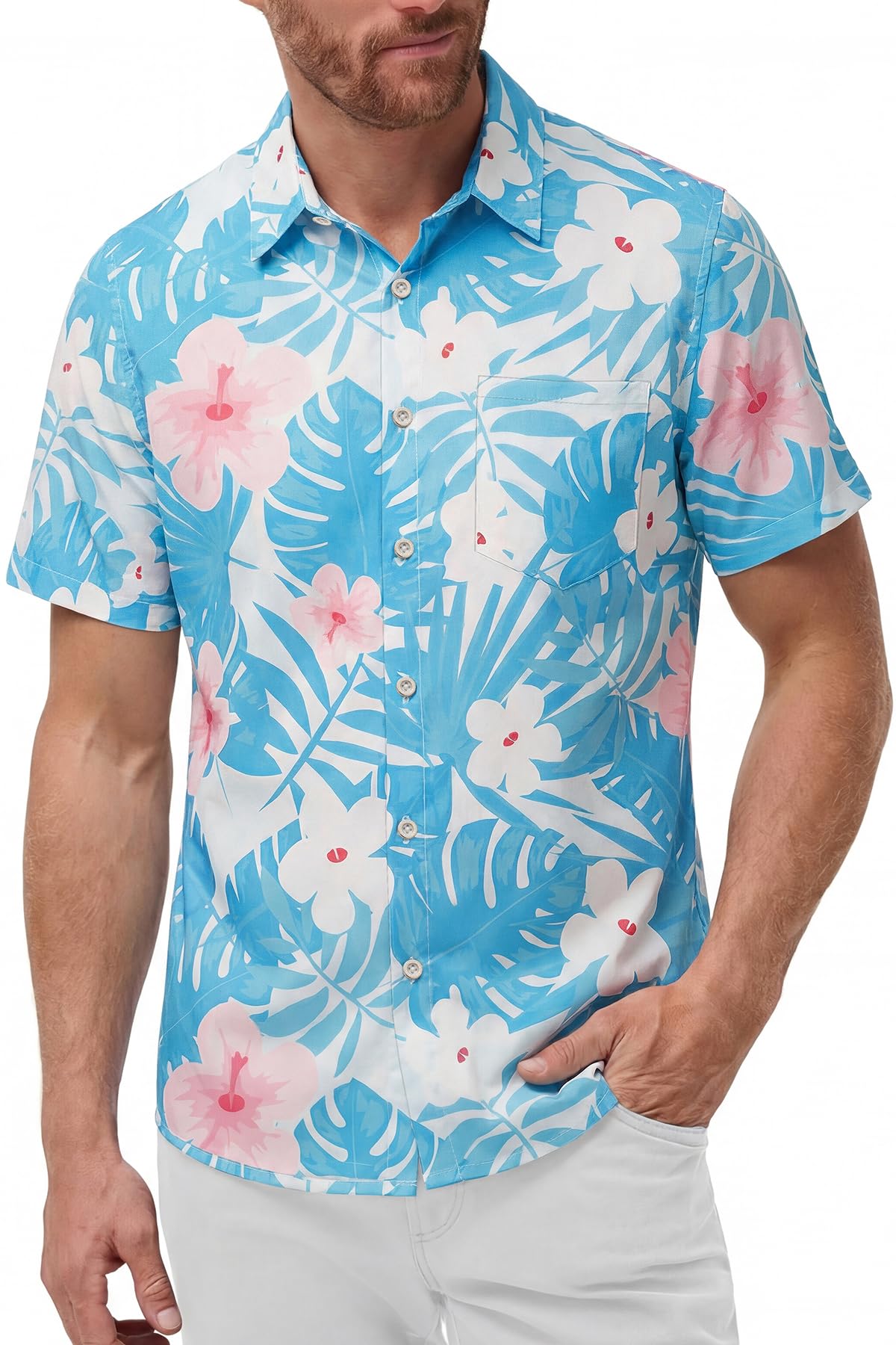 KYKU Mens Hawaiian Shirts Short Sleeve Button Down Summer Vacation Beach Shirts, Pleated Back, with Pocket