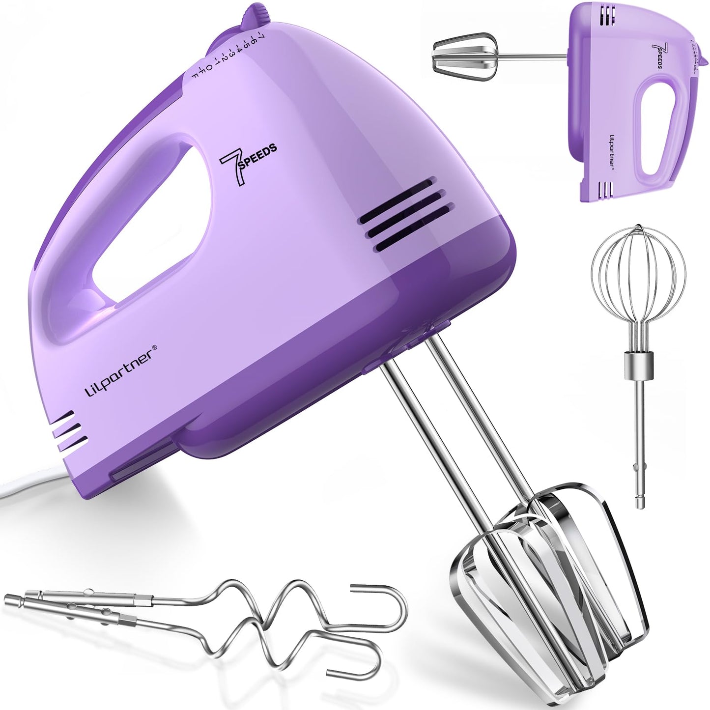 LILPARTNER Hand Mixer Electric, Ultra Power Kitchen Hand Mixer With 7-Speed & 5 Stainless Steel Accessories for Whipping Dough, Cream, Cake, Dishwasher Safe, Pink