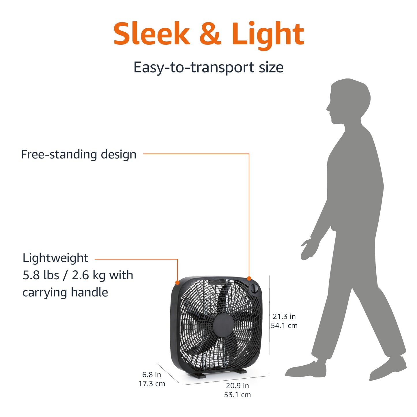 Amazon Basics 3-Speed Box Fan for Bedroom, Portable with Carry Handle, Powerful Airflow, 5 Blades, Lightweight Design, 67 Watts, 20-Inch, Black, 6.8"D x 20.86"W x 21.33"H