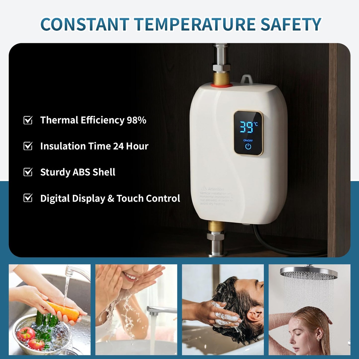 Tankless Water Heater Electric, 3000W Tankless Electric Water Heater 110V, On Demand Hot Water Heater Electric with Digital Display, Electric Tankless Hot Water Heater for Kitchen Bathroom Washin