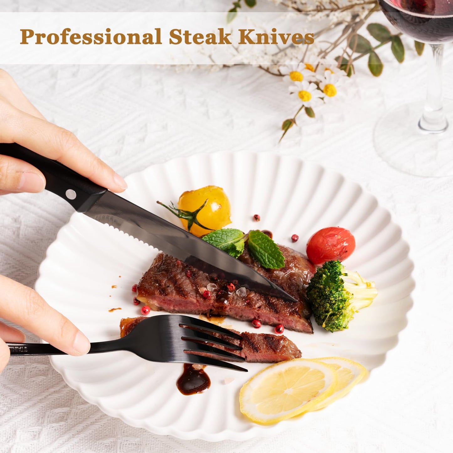 Astercook Black Silverware Set with Steak Knives Flatware Set Food-Grade Stainless Steel Cutlery Set Mirror Polished Utensils Set Include Spoons and Forks for Home Kitchen Restaurant