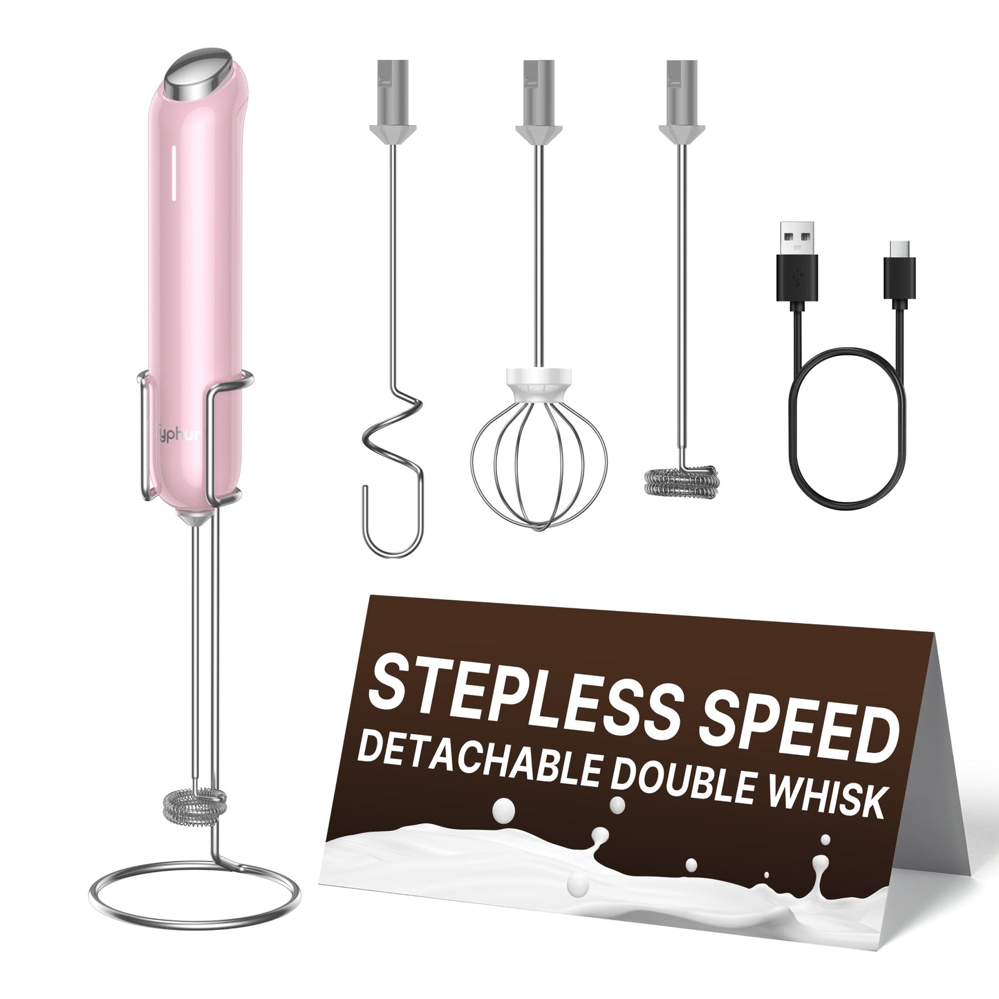 InstaWhisk Milk Frother with Variable Speed, Rechargeable Coffee Frother Wand with Detachable Double Whisk, Handheld Electric Stirrer for Latte, Cappuccino, Almond Milk, Protein