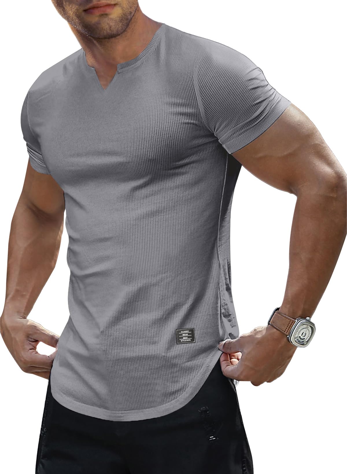 JMIERR Mens Muscle Slim T Shirts Texture V Neck Longline Henley Gym Workout Athletic Tee Shirt