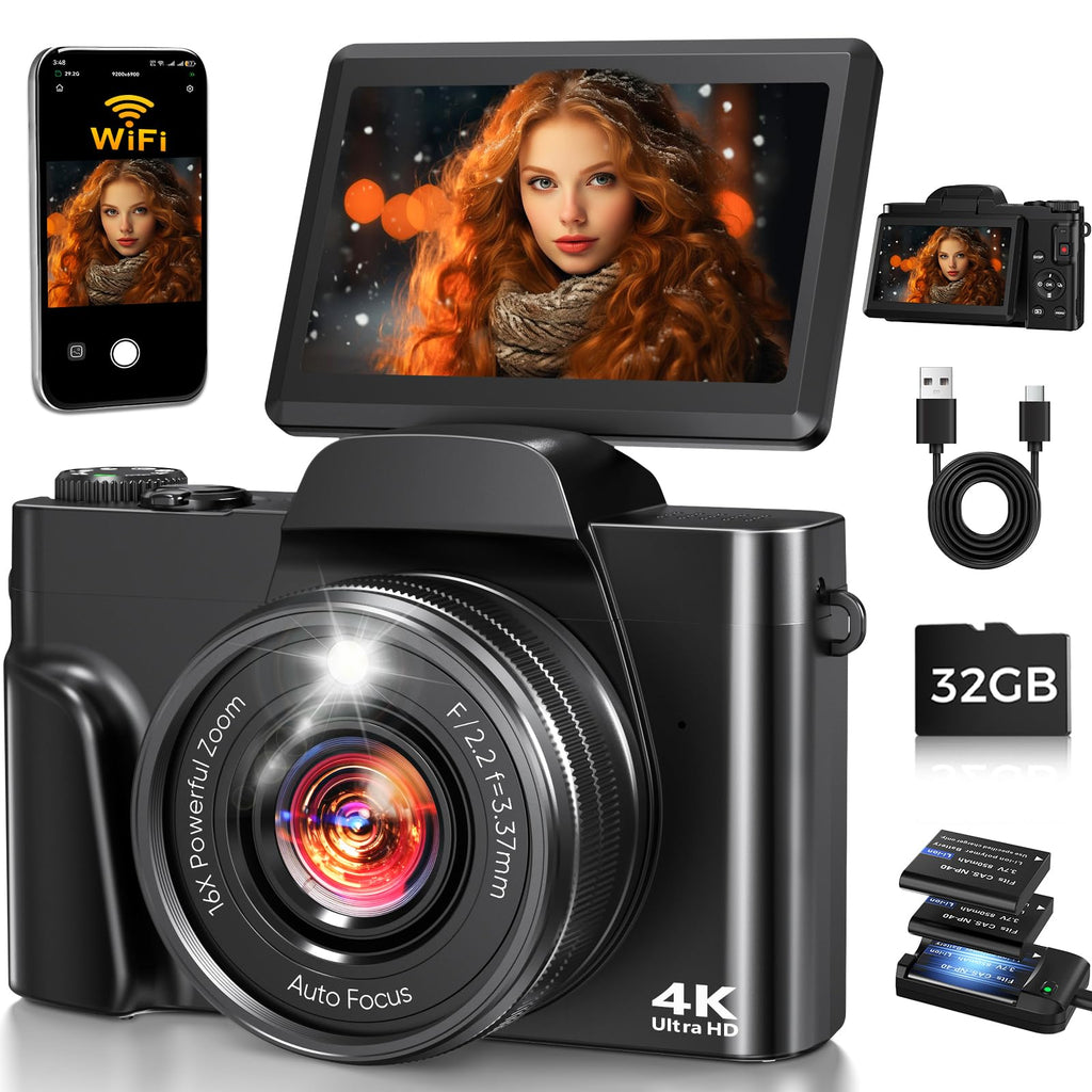 4K Digital Camera for Photography with WiFi,64MP Autofocus 3'' 180° Flip Screen 16X Zoom Vlogging Camera for YouTube, Compact Travel Camera for Beginners, Anti-Shake, 32GB Card, 2 Batteries
