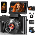 4K Digital Camera for Photography with WiFi,64MP Autofocus 3'' 180° Flip Screen 16X Zoom Vlogging Camera for YouTube, Compact Travel Camera for Beginners, Anti-Shake, 32GB Card, 2 Batteries