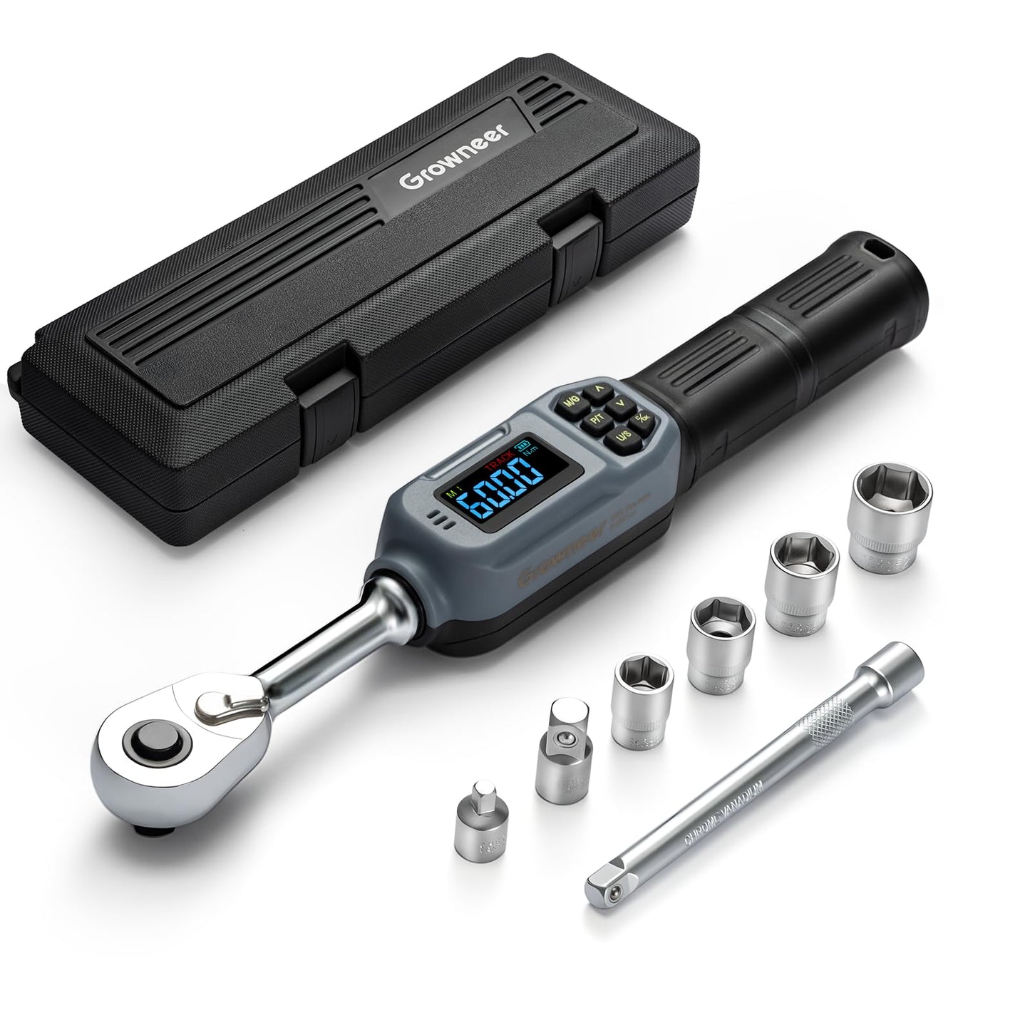 GROWNEER Digital Torque Wrench Set, Inch Pound Torque Wrench with Buzzer & LED Indicator, Electronic Wrench Set with Bits & Sockets