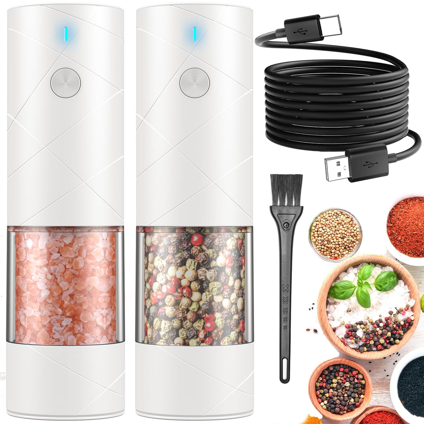 Electric Salt and Pepper Shakers Set Rechargeable with LED Light, Adjustable Coarseness Lidaop Large Capacity Automatic Salt Pepper Mill Grinder for Kitchen, Restaurant, Outdoor