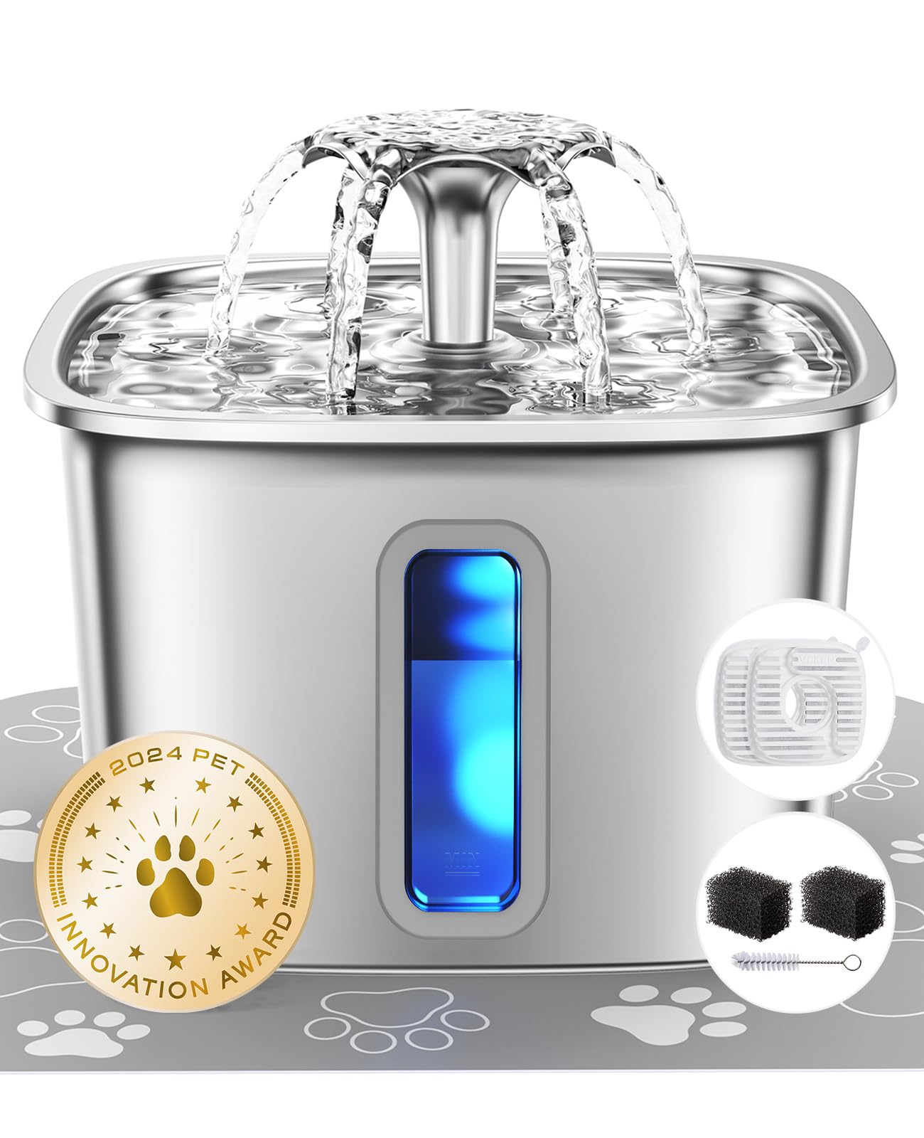 Veken Innovation Award Winner Stainless Steel Cat Water Fountain, Automatic Pet Fountain Dog Water Dispenser with Replacement Filters & Silicone Mat for Cats, Dogs, Multiple Pets