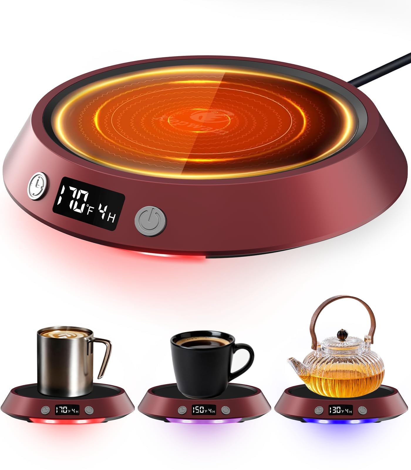 Kepwam Coffee Mug Warmer - 50W Electric Coffee Warmer for Desk 3 Temp Settings & 2-9 Timer Smart Cup Warmer for Desk Candle Warmer Plate with LED Lights Beverage Tea Milk Warmer for Home & Office