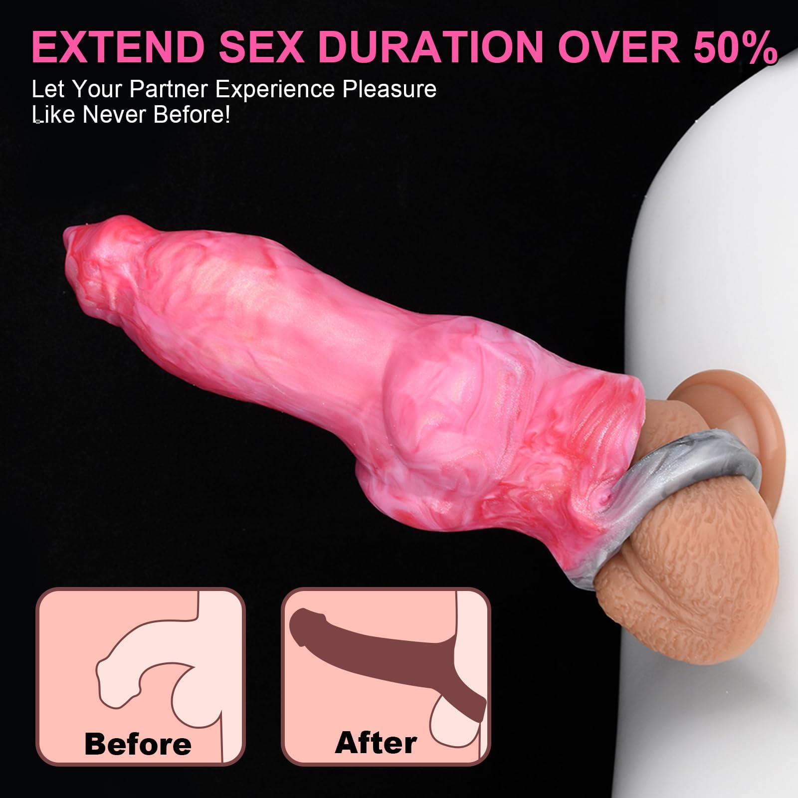 Dog Penis Sleeve Enlargement for Men, 8inch Soft Silicone Monster Dildo Grith Extender with Penis Ring Ejaculation Delay for Couples
