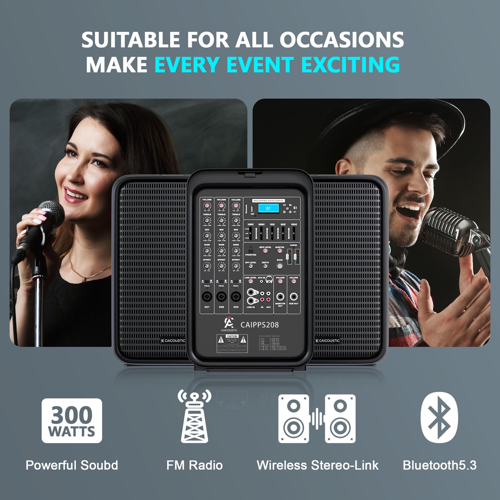 CAICOUSTIC All-in-One 2-Way PA Speaker System DJ Mixer Bundle,300W 8-Channel Mixer Bluetooth, Amplifier Kit with 8" Subwoofer and 1" Horn Tweeter,USB,2 Speaker Stands, Mic
