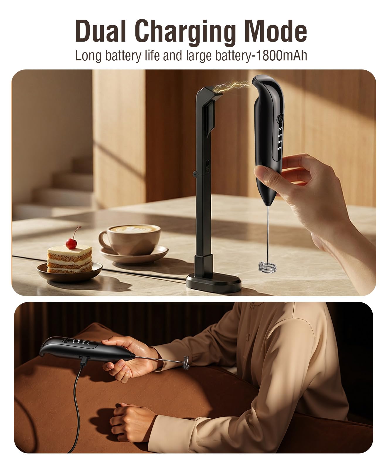 Yidianideals Electric Milk Frother Handheld: coffee frother rechargeable 3 in 1 - LED Display, Wireless Charging - 3 Speeds, Stainless Steel Whisk for Latte, Cappuccino - Onyx Black