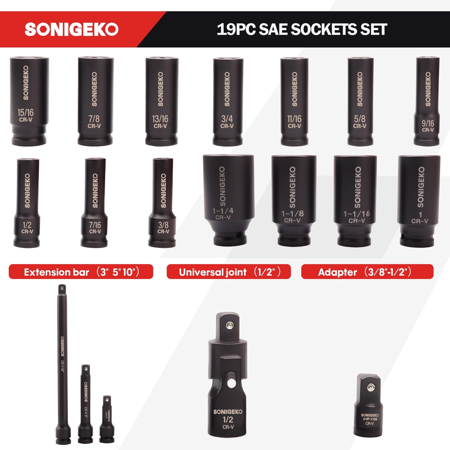 SONIGEKO Socket Set 1/2" Drive Impact Socket Set,29-Piece 6 Point Deep Socket Set Standard SAE and Metric