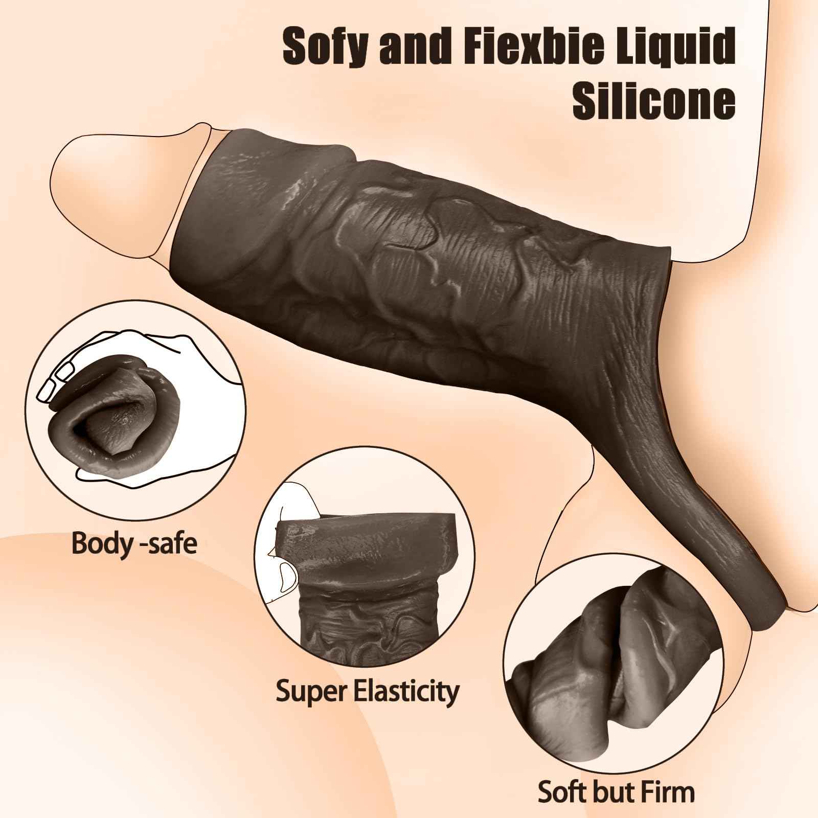 Reusable Penis Sleeve with Cock Ring, Open-Ended Ultra-Soft Silicone Cock Sleeve Penis Enlarger for Couples Men Adult Sex Toy