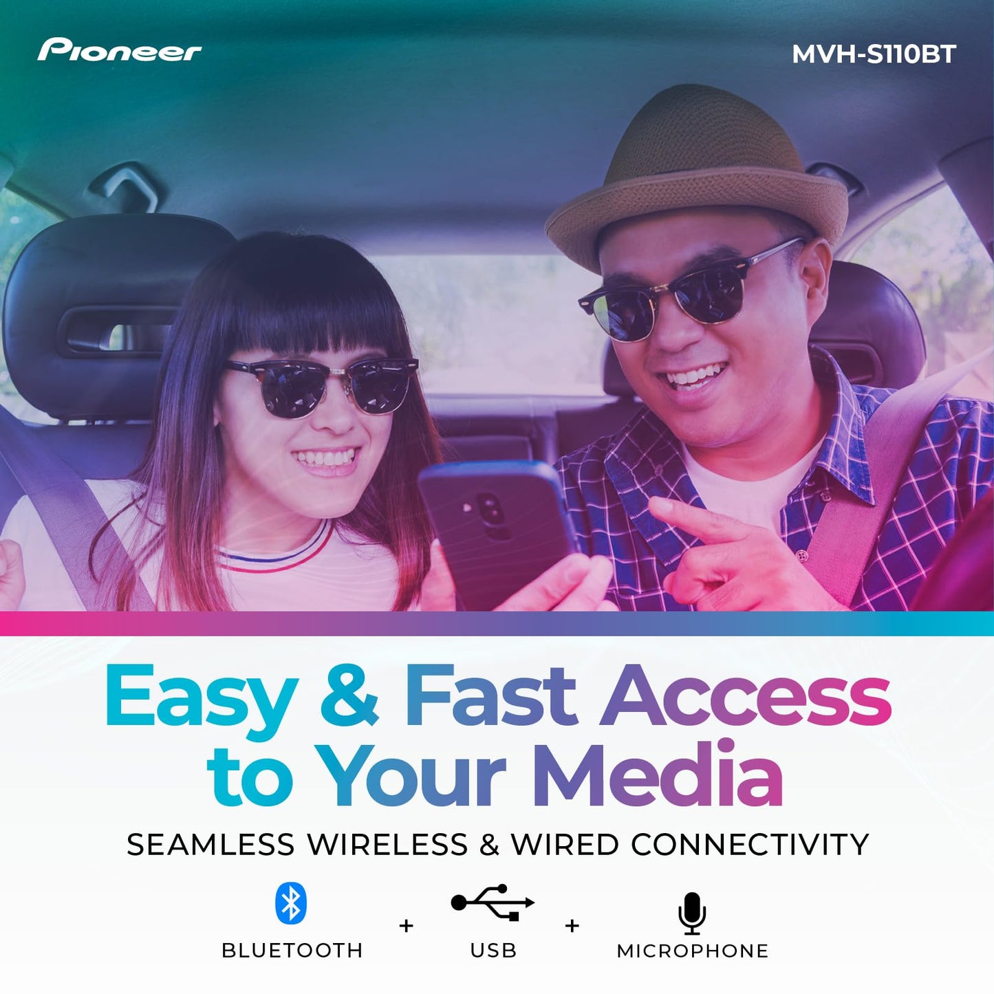 Pioneer MVH-S110BT 1-Din Digital Media Receiver Car Stereo – Bluetooth, USB Input, 50W x 4 Output, AM/FM Radio, iPhone & Android Compatible, Front & SW (Mono) RCA Output