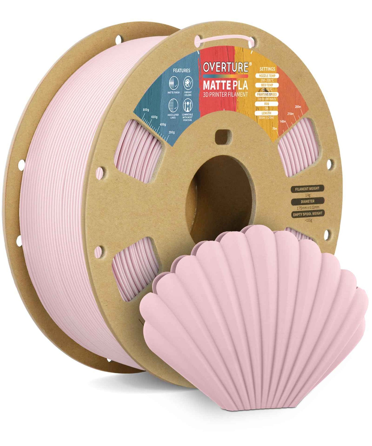 OVERTURE Matte PLA 3D Printer Filament 1.75mm, Matt Surface & Low Warping Filament 1kg Spool (2.2 lbs), Accuracy +/- 0.02 mm, Fit Most FDM Printers