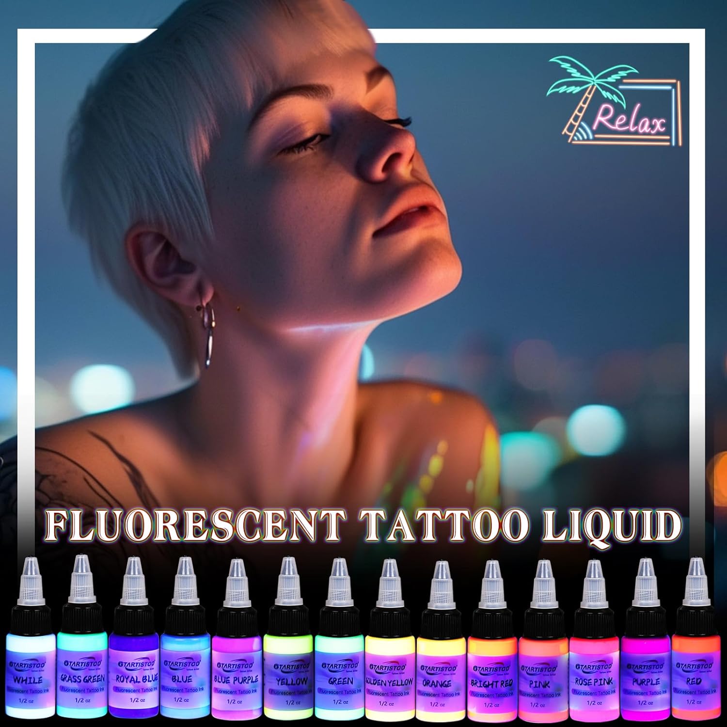 GTARTISTOO Professional Tattoo Ink Set 14 Colors 15ml Fluorescent
