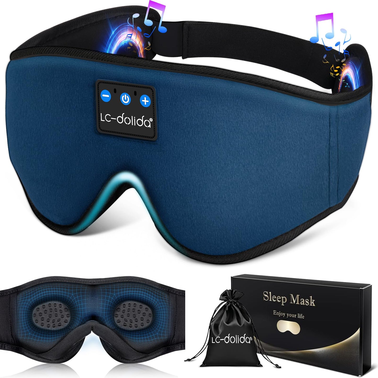 LC-dolida Sleep Headphones, 3D Sleep Mask Bluetooth Wireless Music Eye Mask, Sleeping Headphones for Side Sleepers